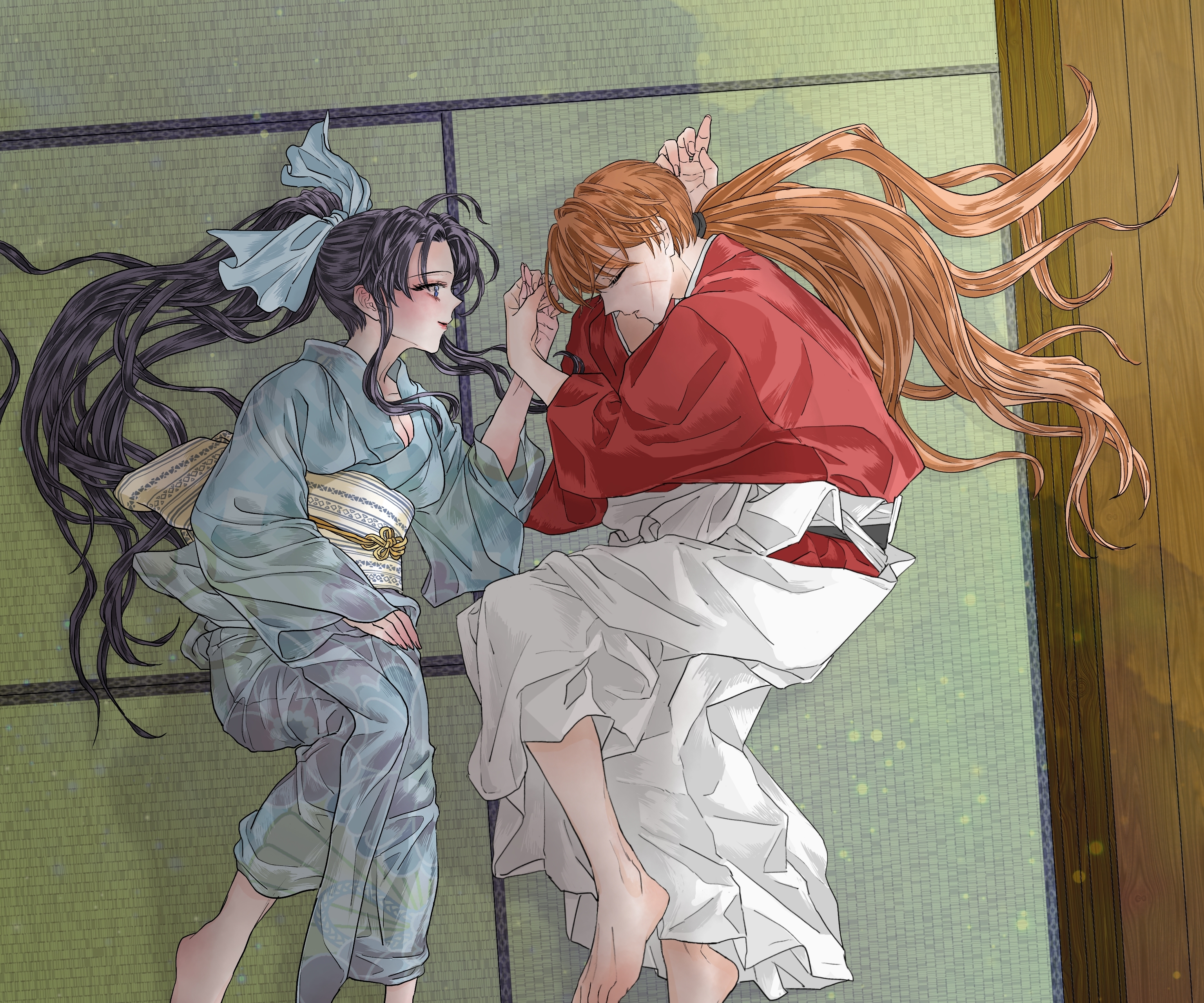 Rurouni Kenshin Kenshin Himura Kamiya Kaoru Closed Eyes Sleeping Lying On Side Long Hair Kimono Anim 3072x2560