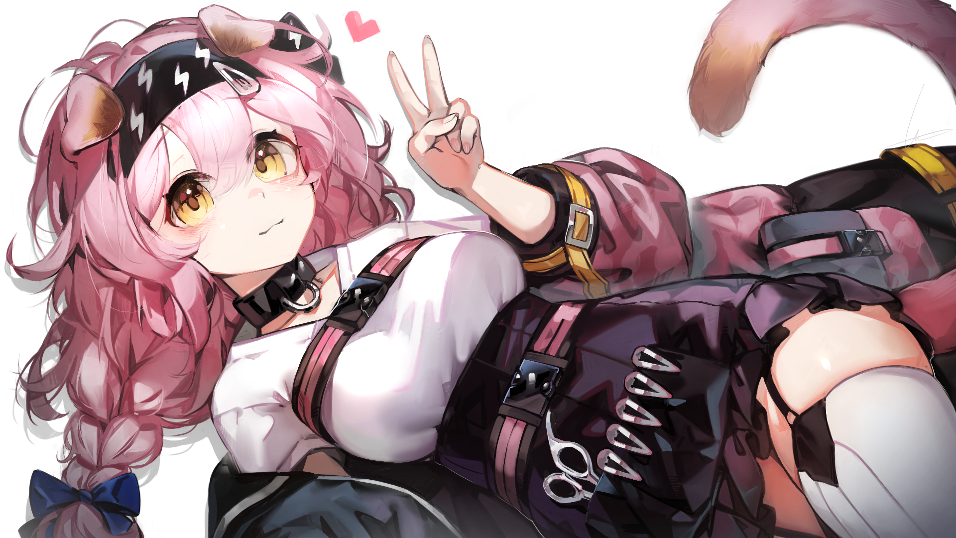 Goldenglow Arknights Lying Down Anime Girls Arknights Peace Sign Pink Hair Animal Ears Animal Tail Y 1920x1080