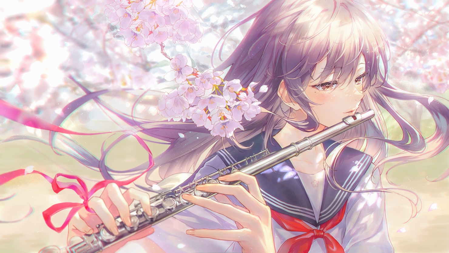 Anime Anime Girls Flute Schoolgirl School Uniform Branch Cherry Trees Petals Raiden Shogun Genshin I 1480x835