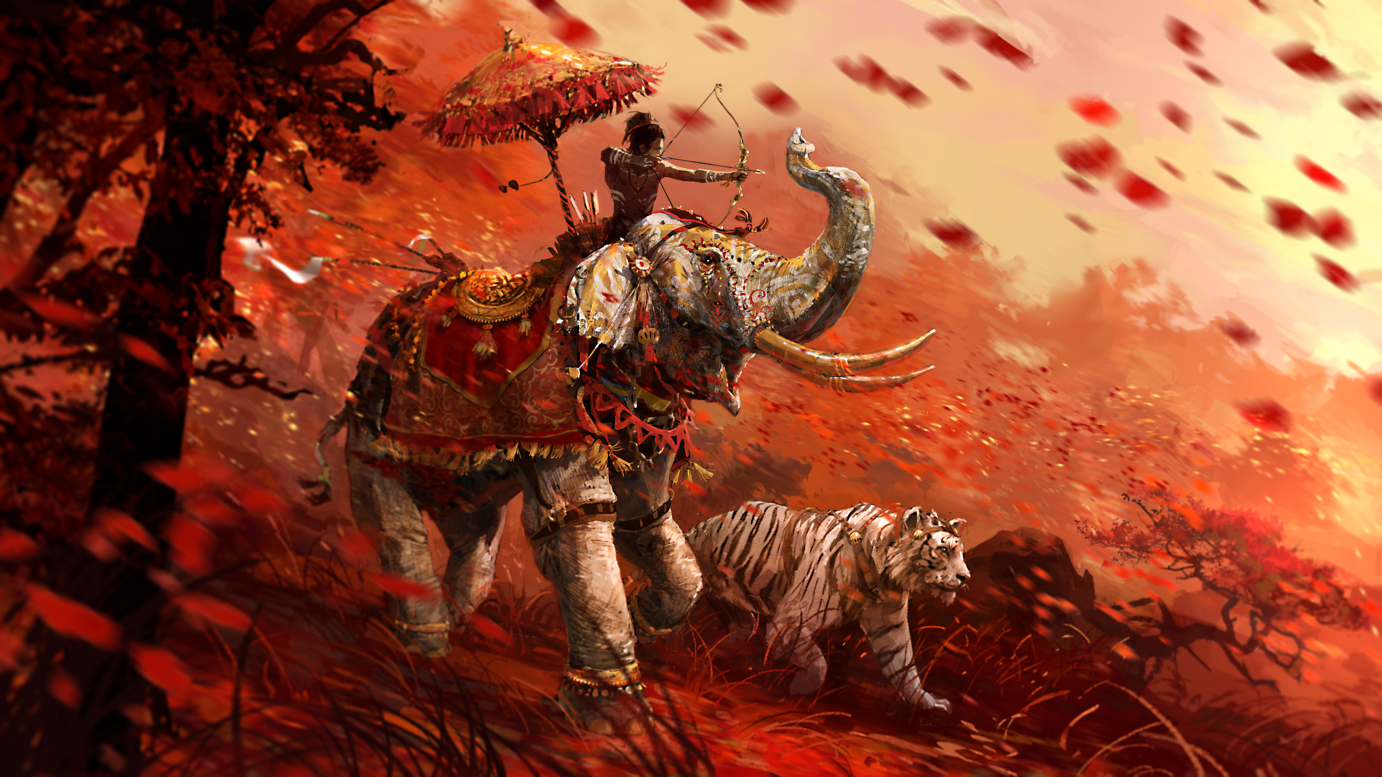 Far Cry 4 Shangri La Elephant White Tigers Bow Forest Video Game Art Video Games 4800x2700