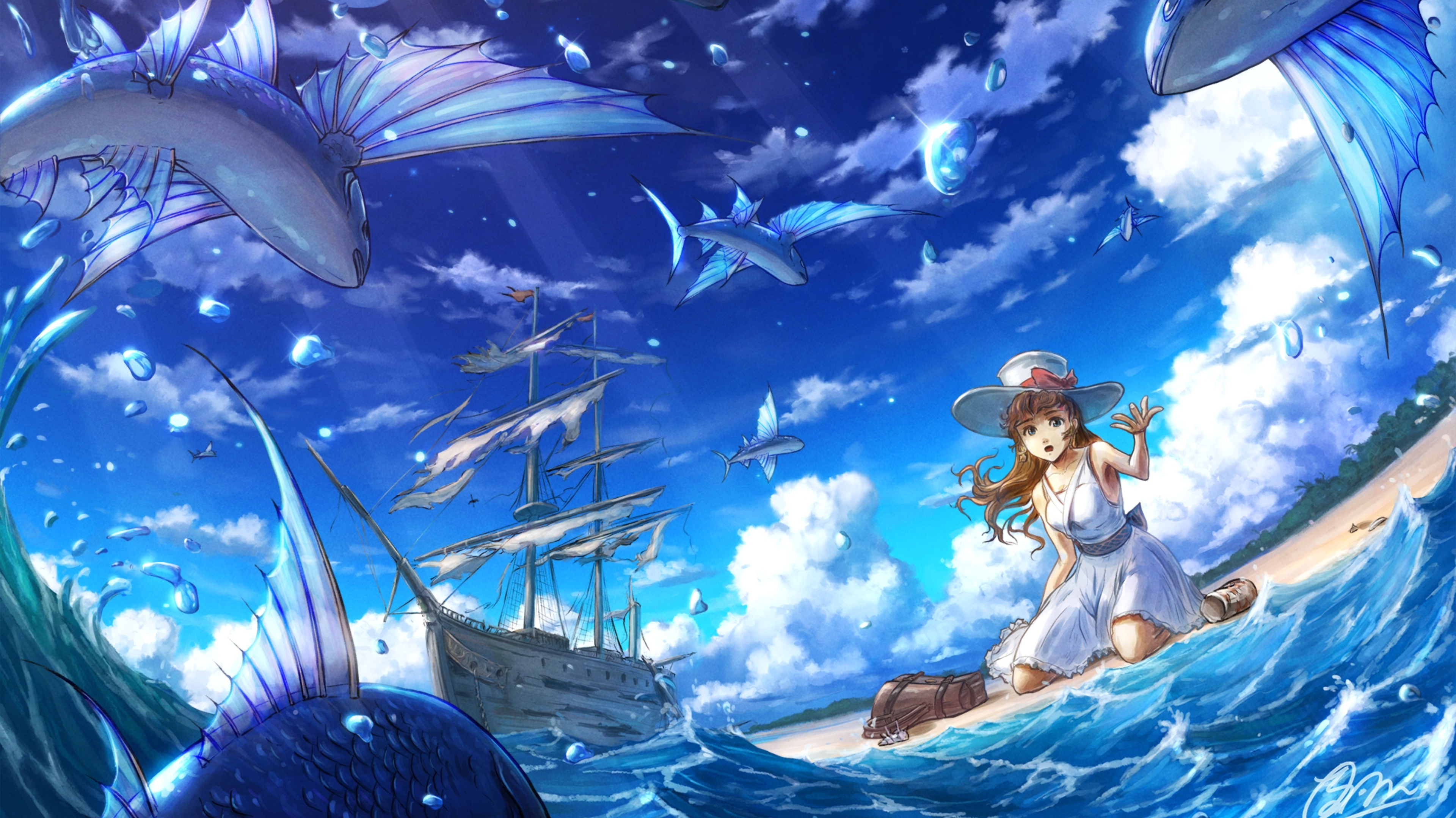 Anime Girls Brunette Long Hair Sun Dress Fish Water Beach Sun Hats Water Drops Clouds Sky Waves Anim 3840x2160