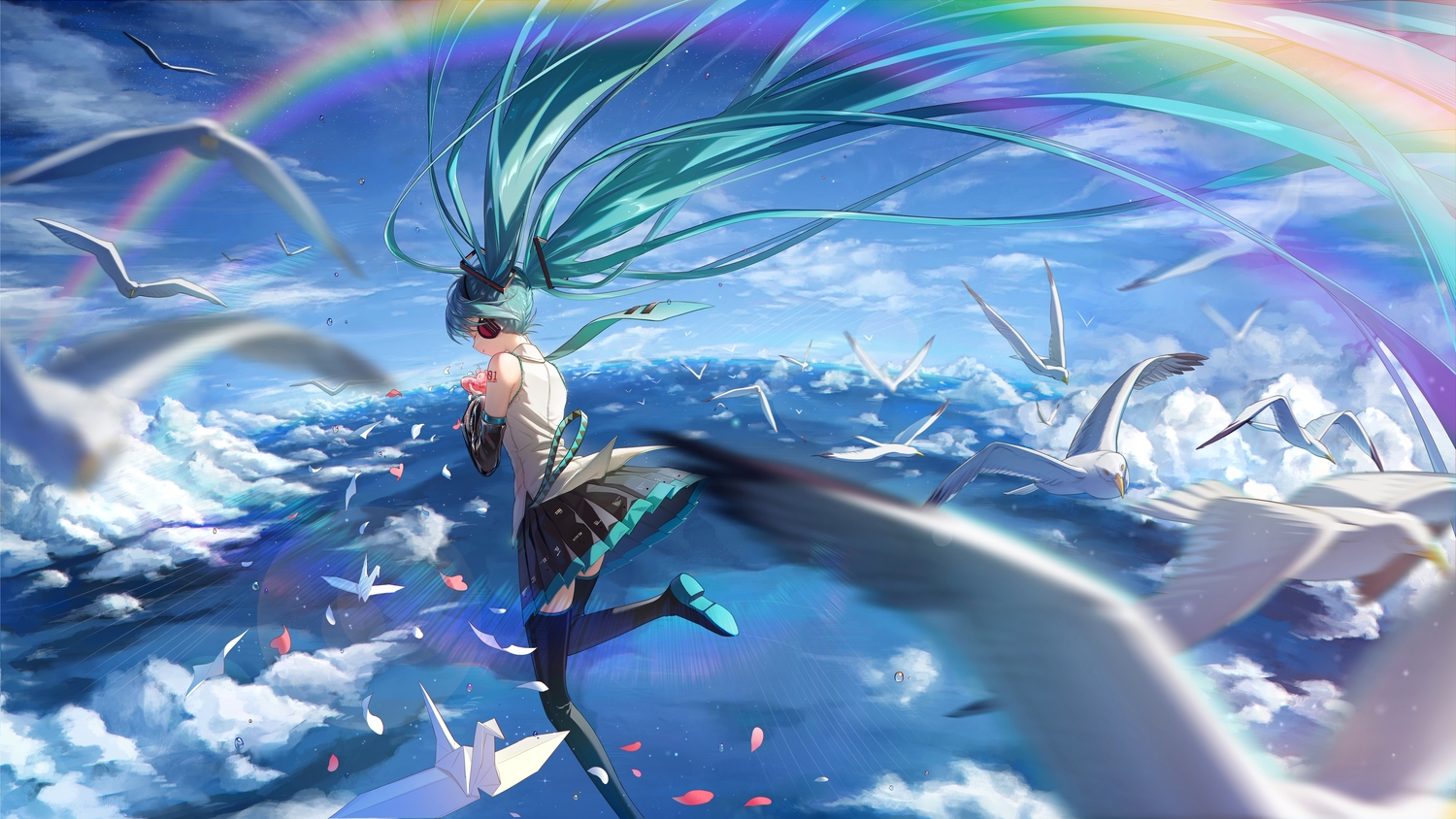 Anime Anime Girls Vocaloid Birds Sky Hatsune Miku Origami Petals Rainbows Twintails Long Hair Clouds 1500x844