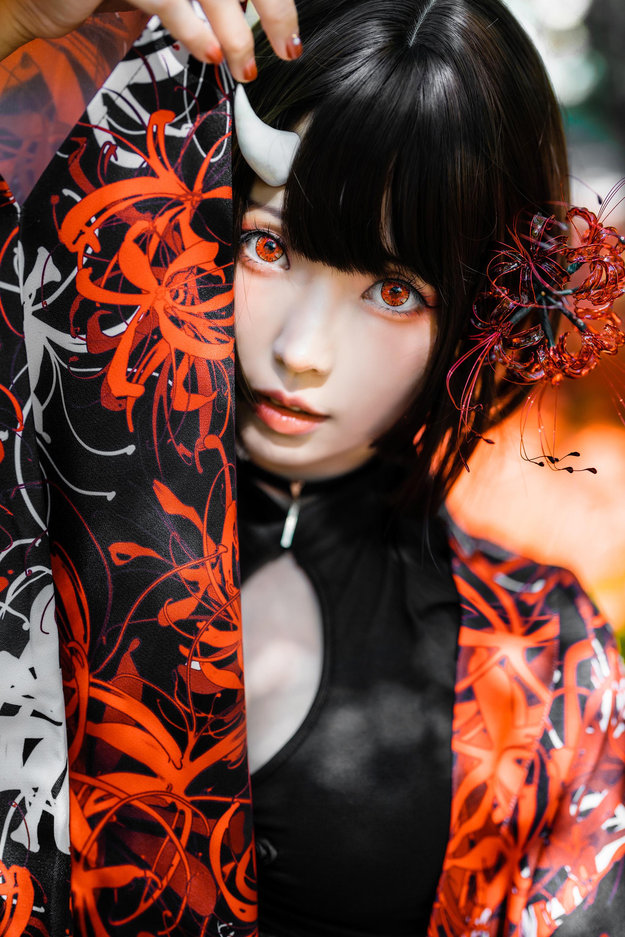 Ely Asian Higanbana Spider Lilies Flowers Horns Red Eyes Kimono Looking At Viewer 2048x3070