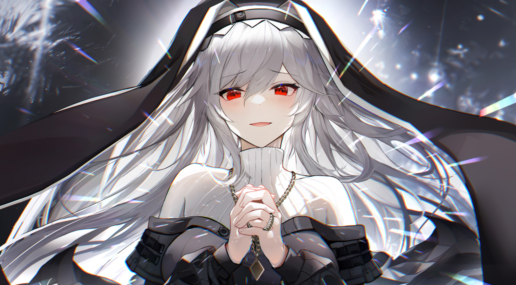 Anime Girls Nun Outfit Arknights Specter Arknights Nuns Necklace Red Eyes Long Hair White Hair 1801x994