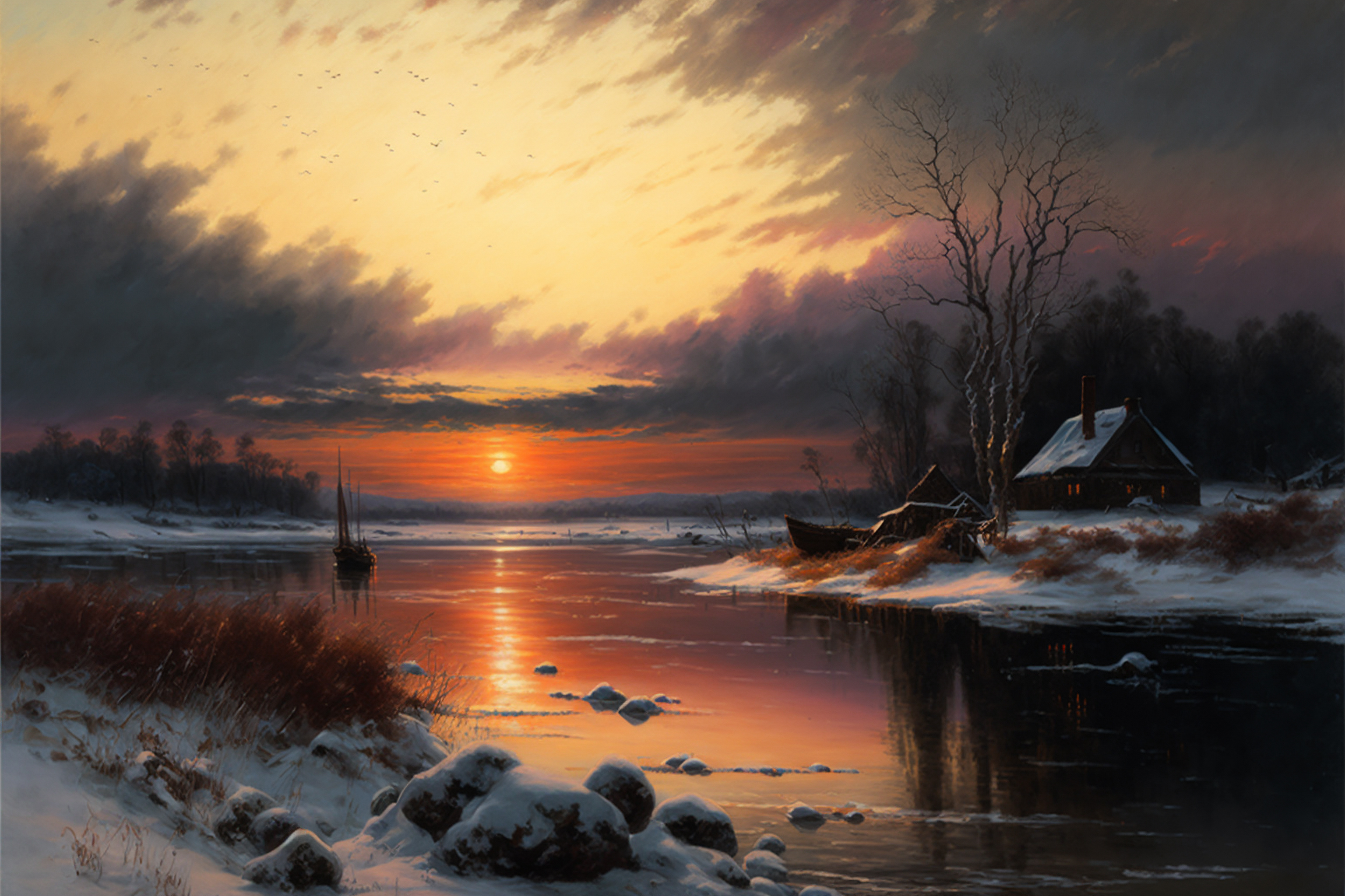 Ai Art Landscape Sunset River Snow Painting Water Rocks Sunset Glow Sky Clouds 3072x2048