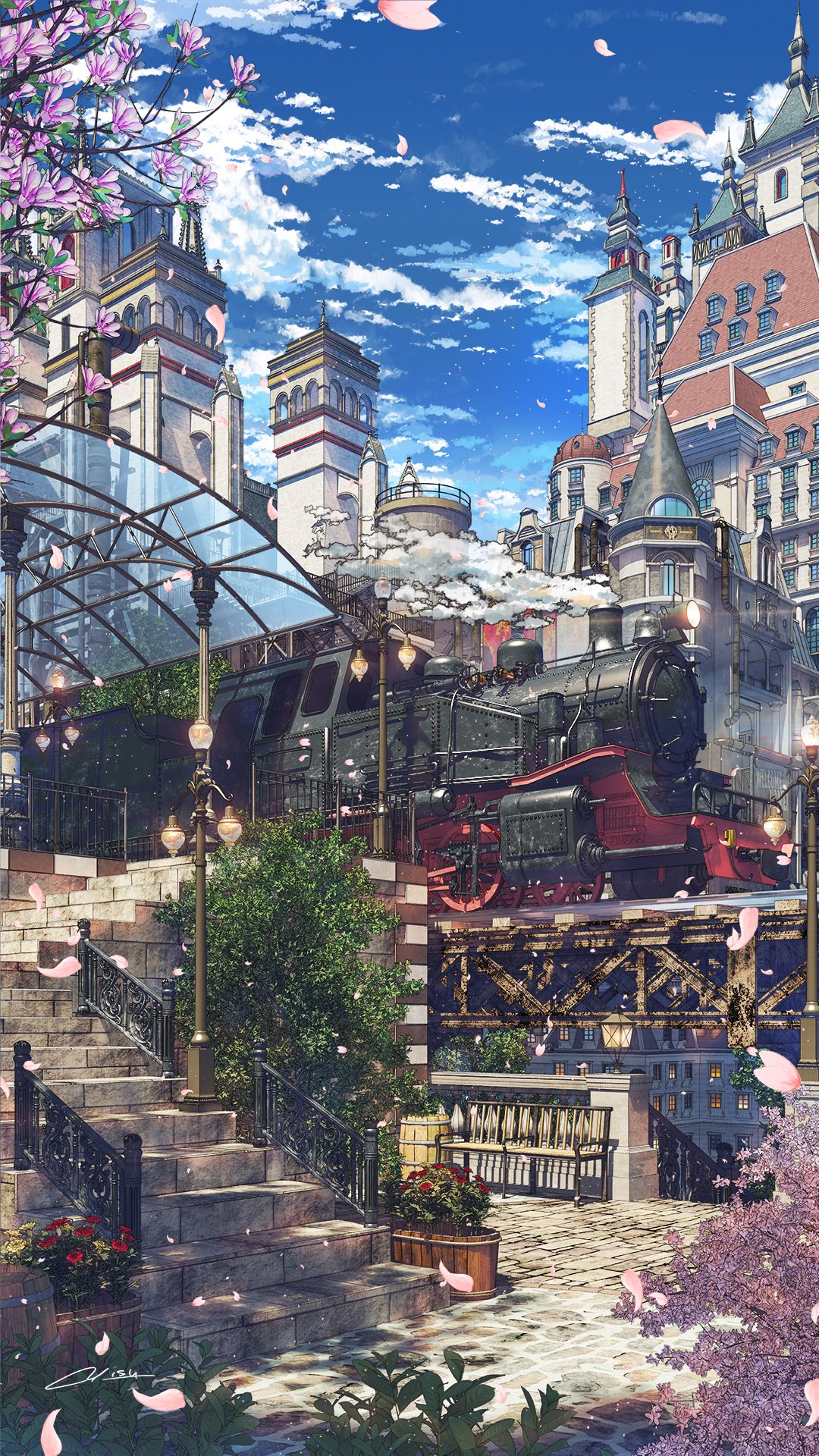 Artwork Clouds Vertical Anime City Stairs Train Petals Flowers City Sky 1080x1920