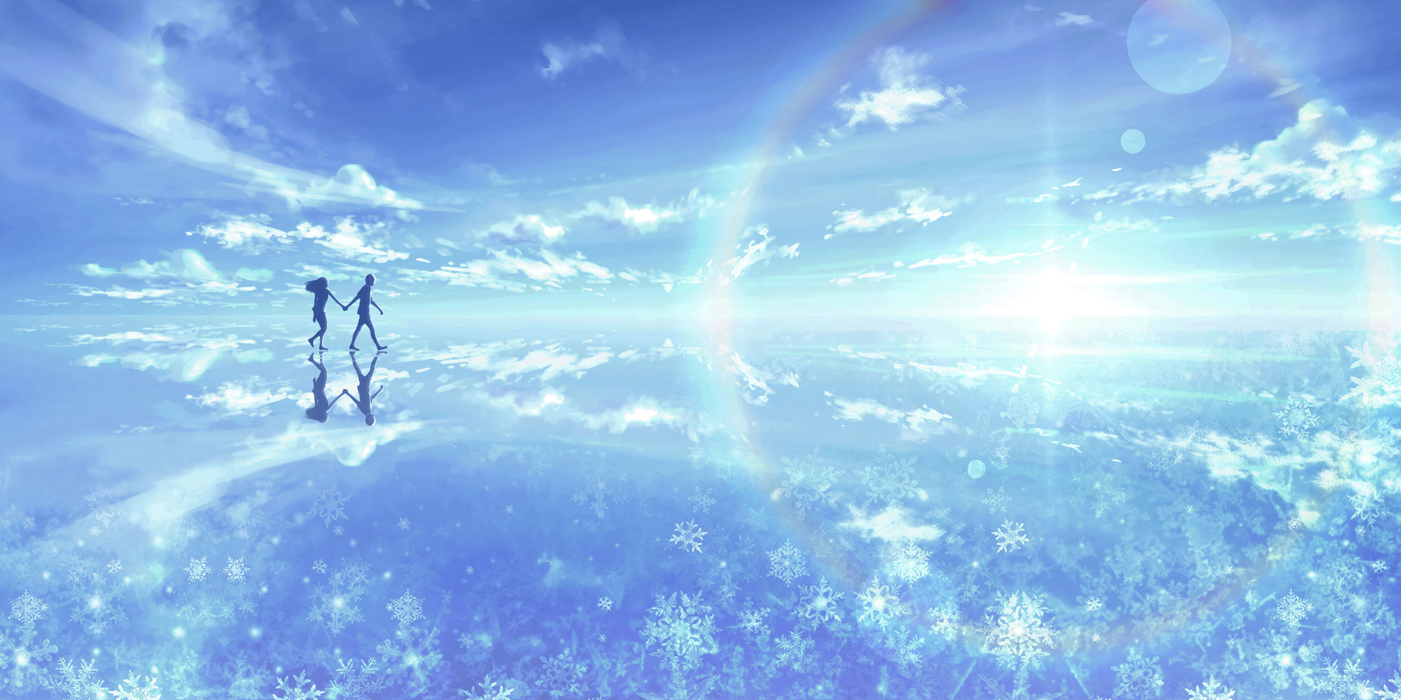 Anime Anime Girls Holding Hands Snowflakes Sky Reflection Silhouette Clouds Walking 2835x1417