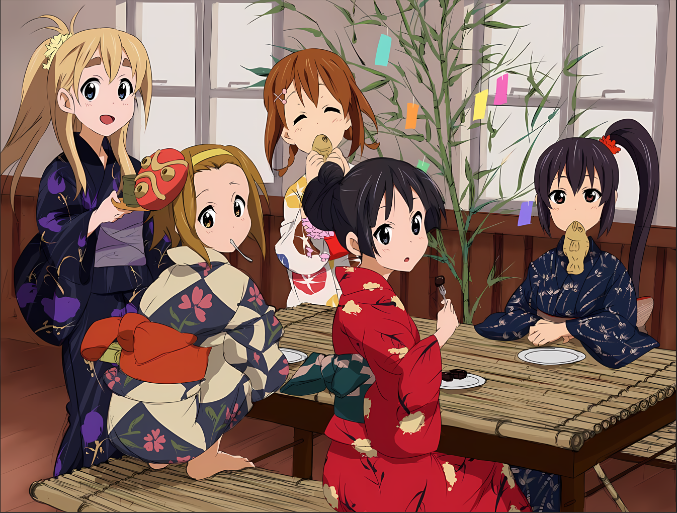 K ON Anime Anime Girls Kimono Anime Girls Eating Eating Food Group Of Women Hirasawa Yui Akiyama Mio 1346x1020