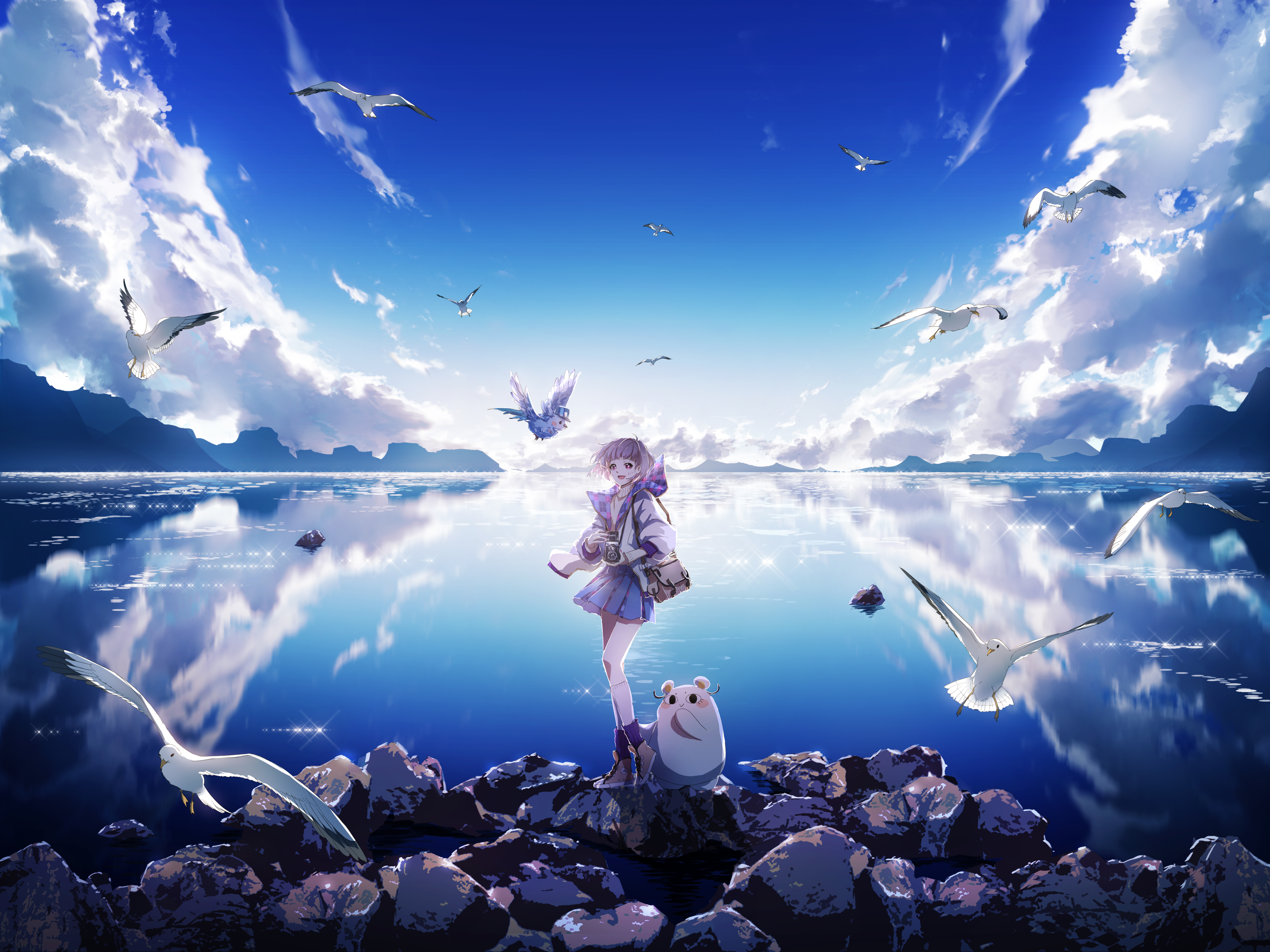 Anime Anime Girls Reflection Sky Clouds Birds Animals Camera Looking At Viewer Purse Water Standing  4000x3000