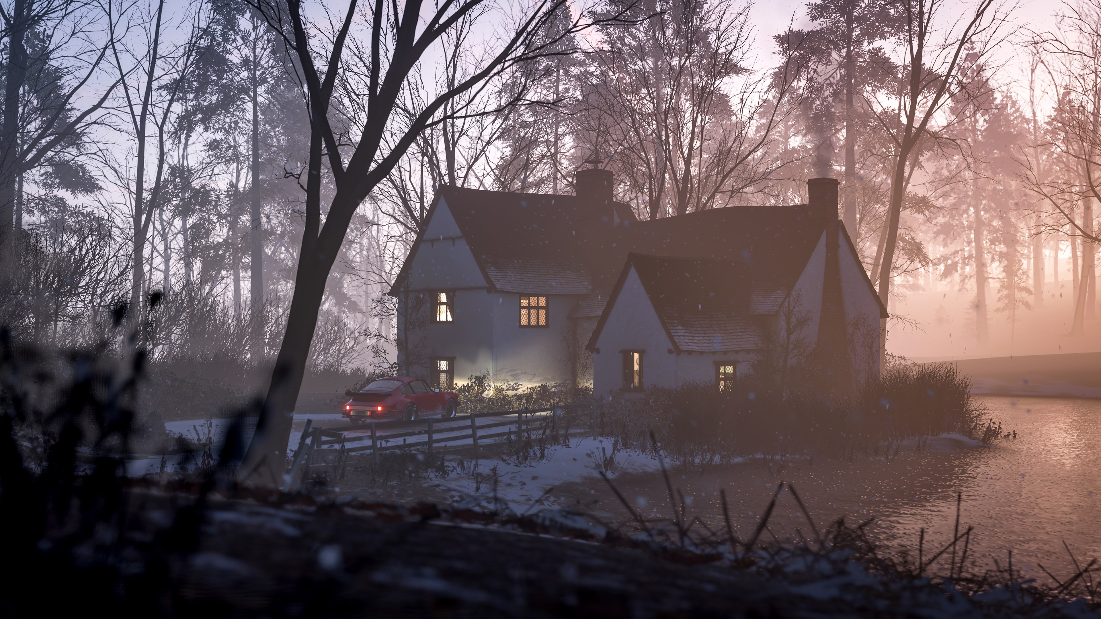 Screen Shot Forza Horizon 4 Porsche 911 House Winter Morning Video Games 3840x2160