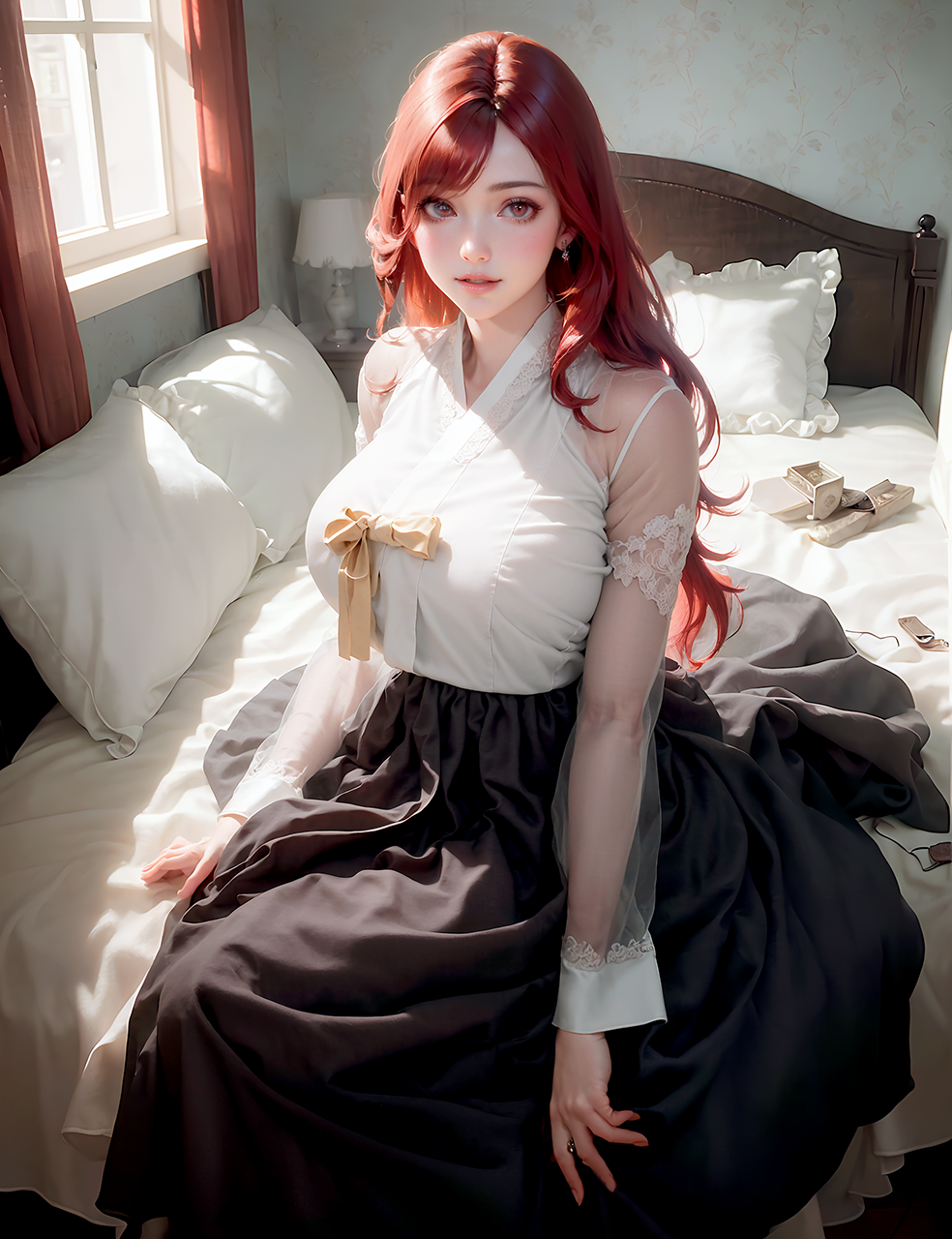 Ai Art Digital Art Artwork Illustration Women Sitting Redhead Bed Vertical Looking At Viewer Pillow 984x1280