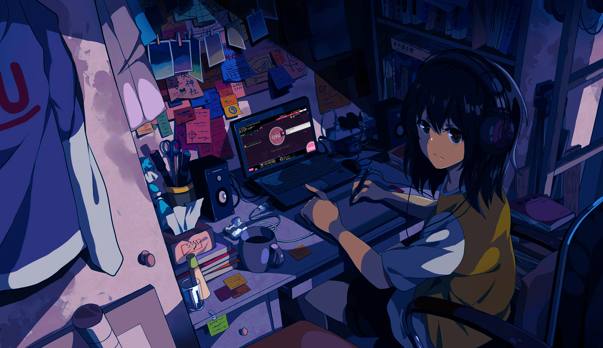 Sitting Computer Short Hair Anime Girls Looking At Viewer Osu Chair Video Games 2500x1444
