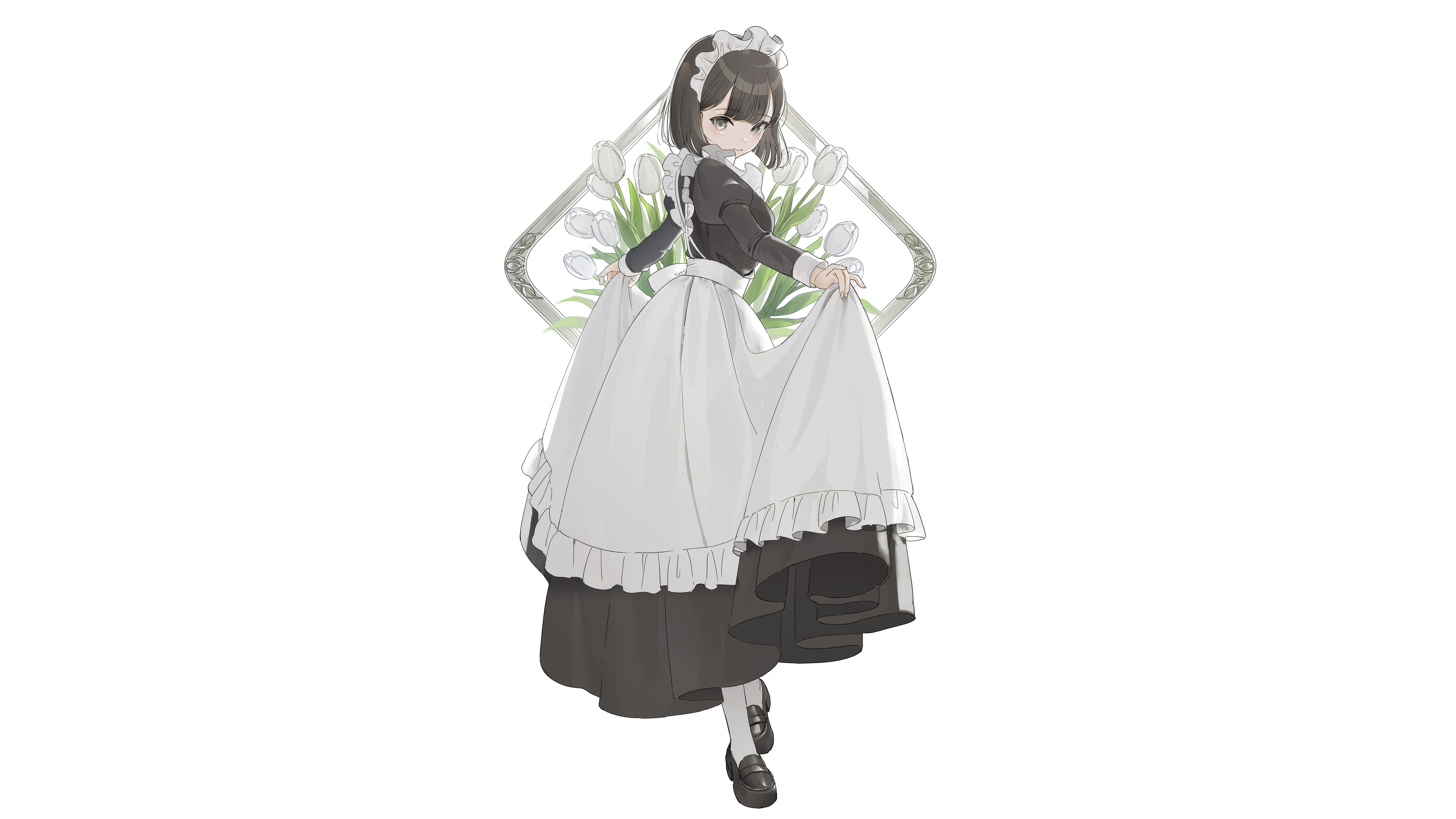 Shii Original Characters Maid Maid Outfit Simple Background Minimalism 2D Artwork Drawing White Back 5760x3240