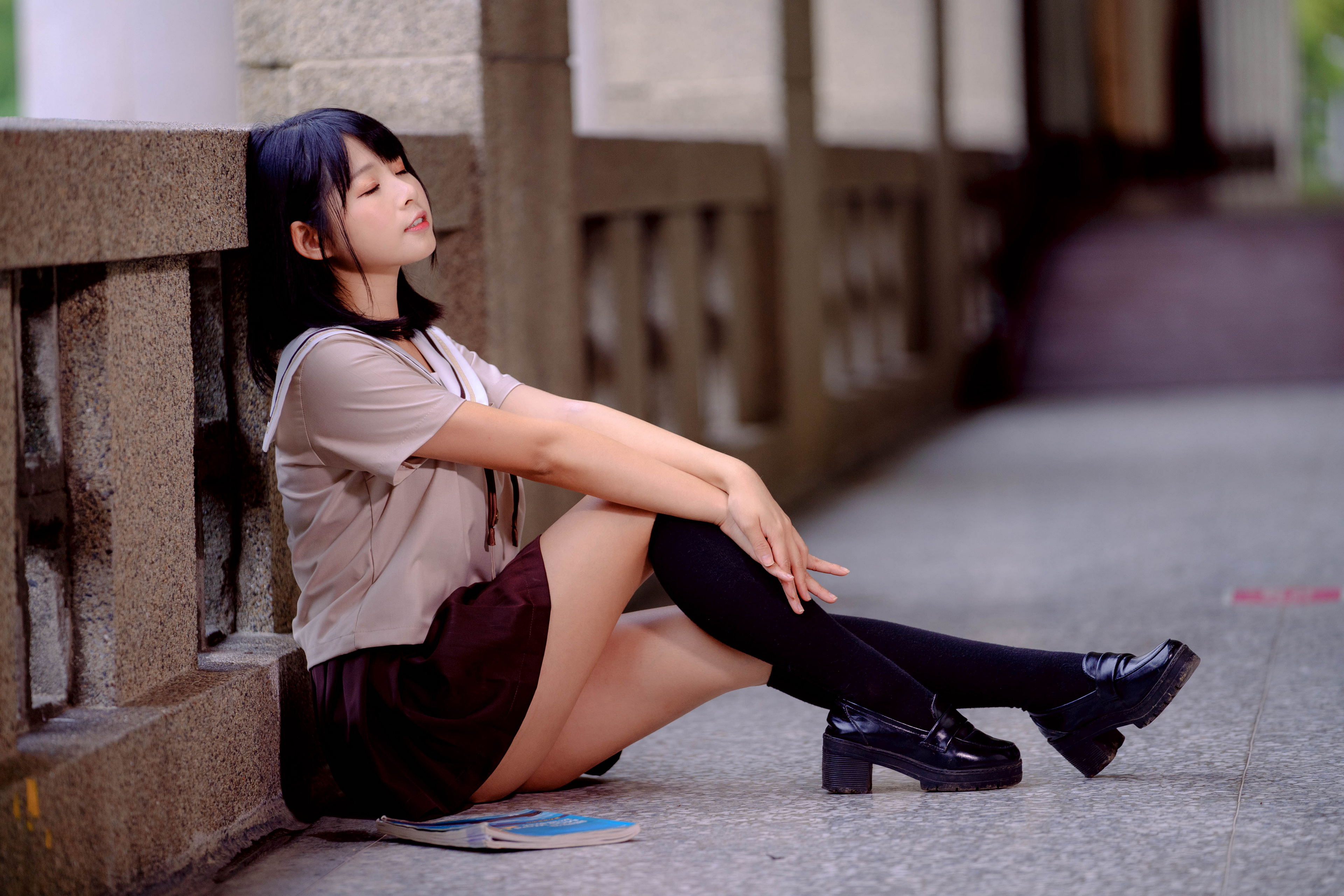 Asian Model Women Long Hair Dark Hair Knee High Socks Sitting 3840x2560