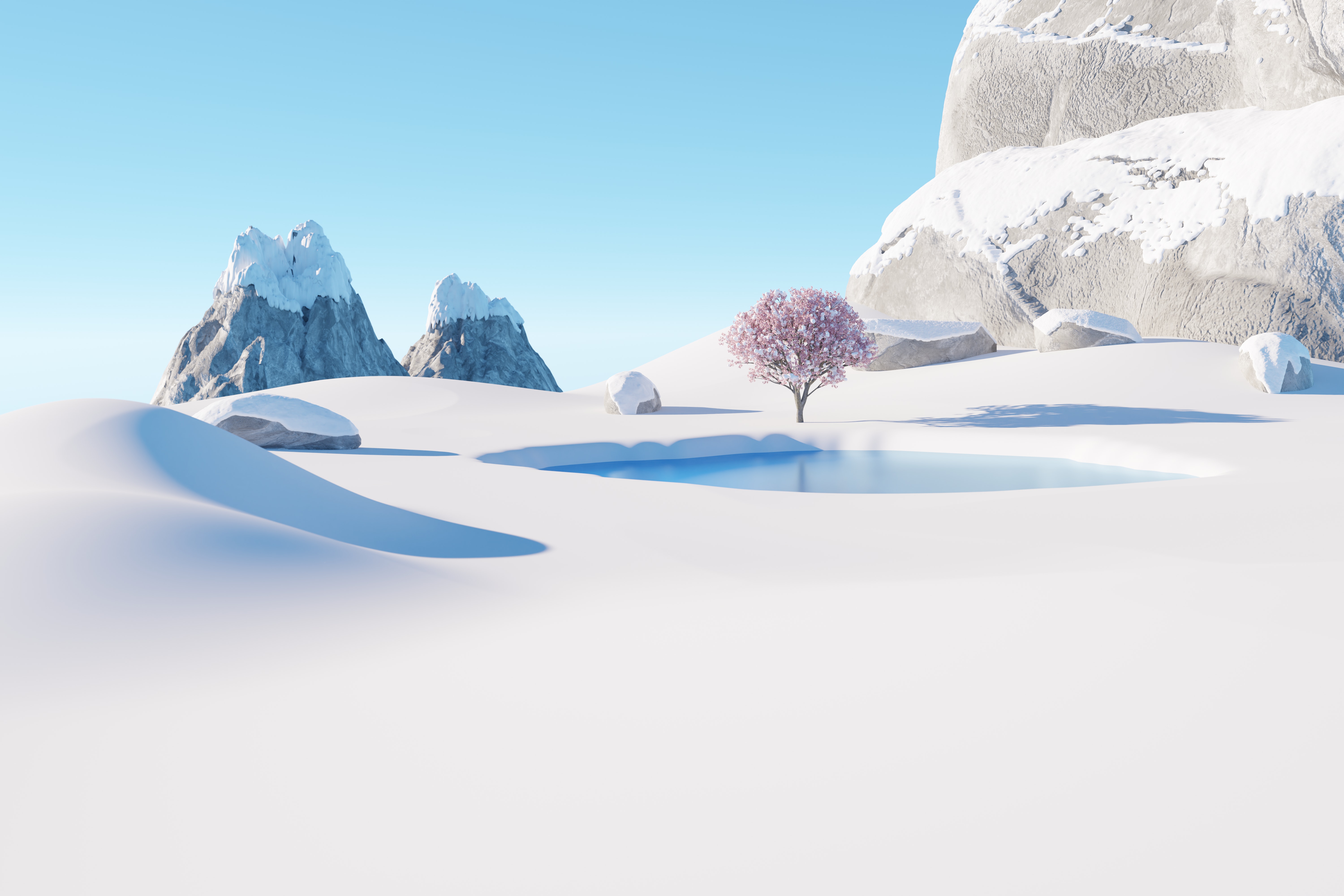 Digital Digital Art Artwork Render 3D Minimalism Nature Landscape Snow Ice Trees Lake Mountains Whit 6000x4000
