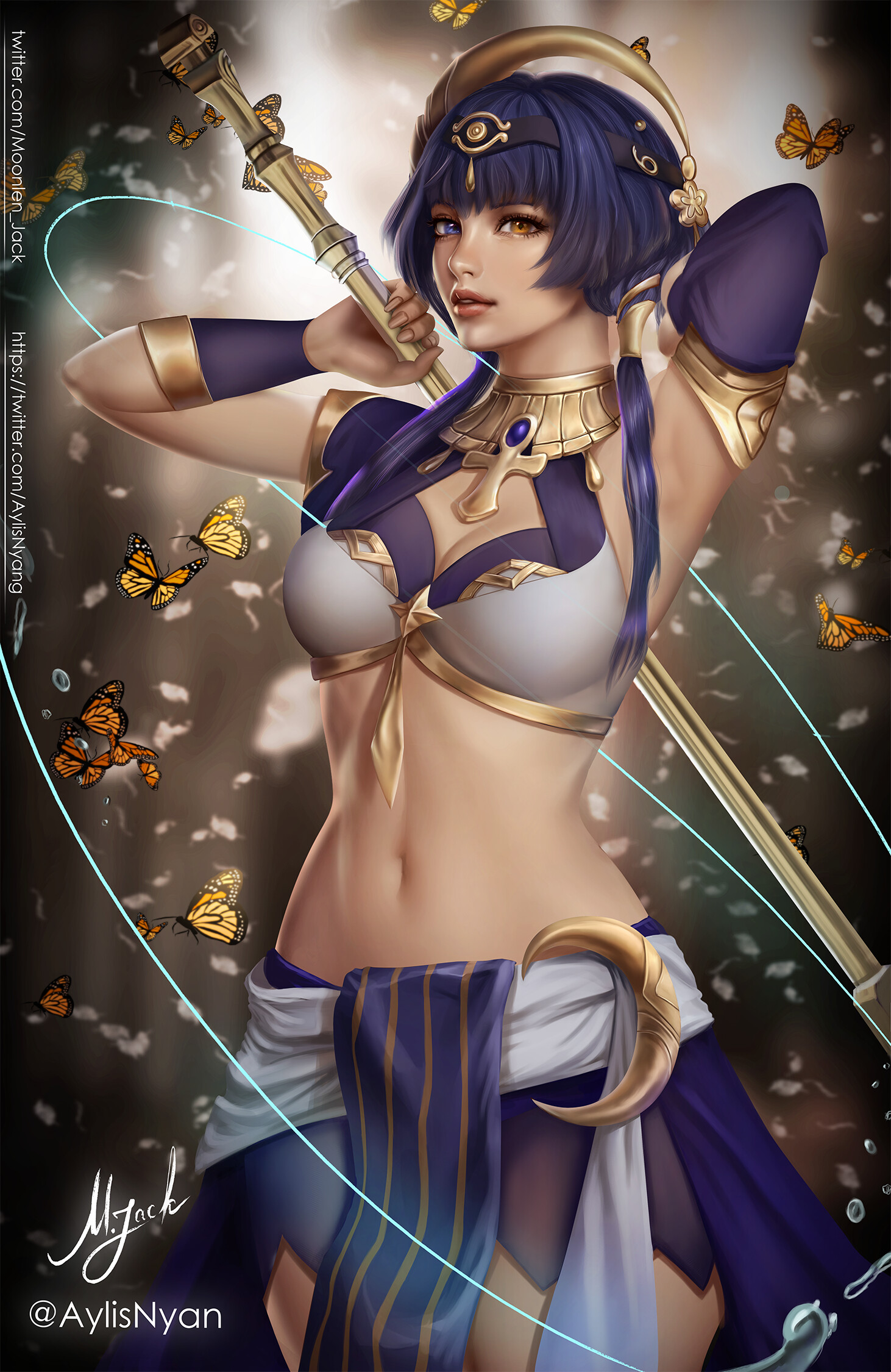 Moonlen Jack Drawing Blue Hair Short Hair Twintails Bangs Blue Clothing Gold Egyptian Butterfly Hete 1462x2250