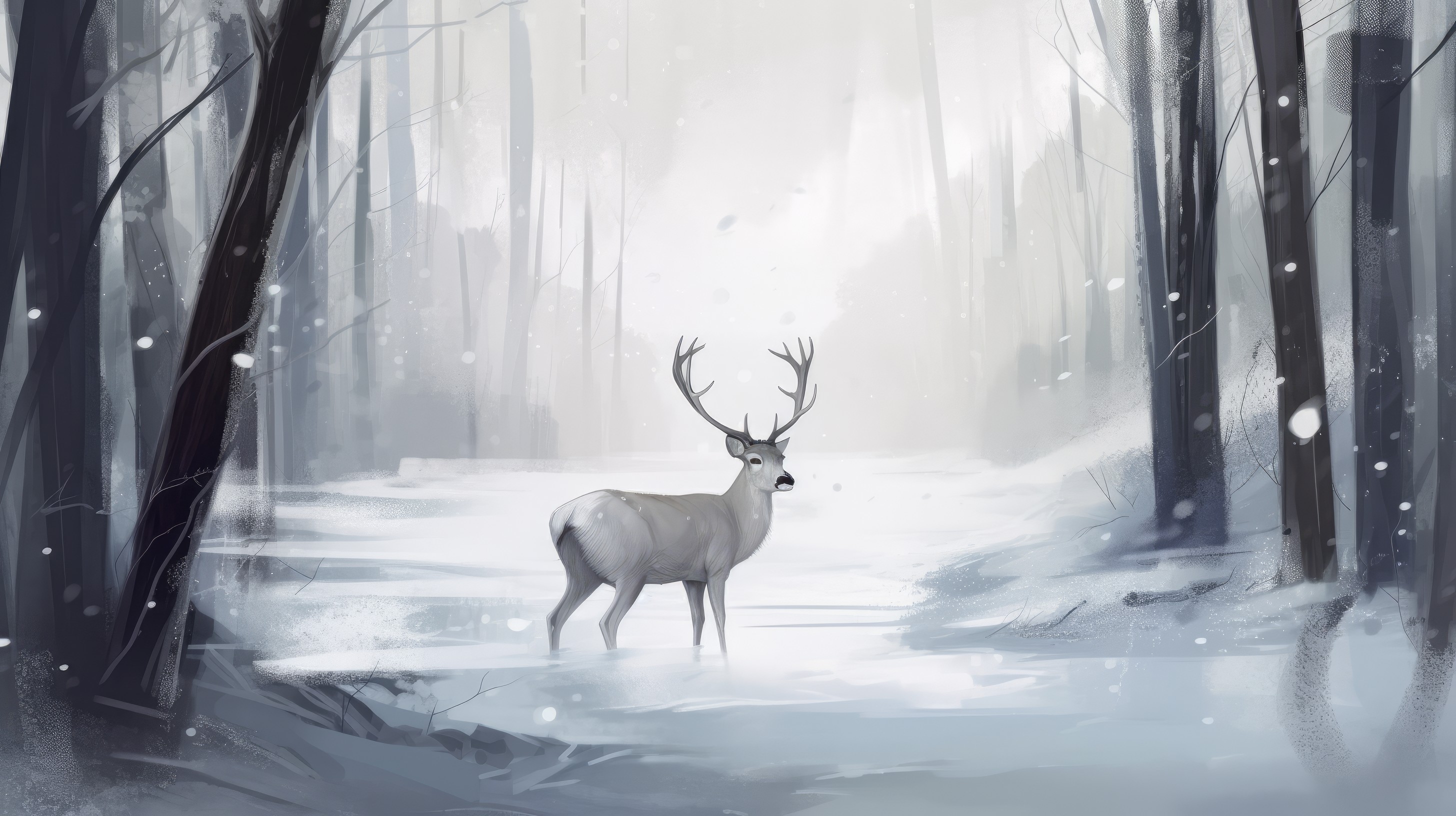Illustration Deer Snow Winter Forest Animals Trees Antlers 2912x1632