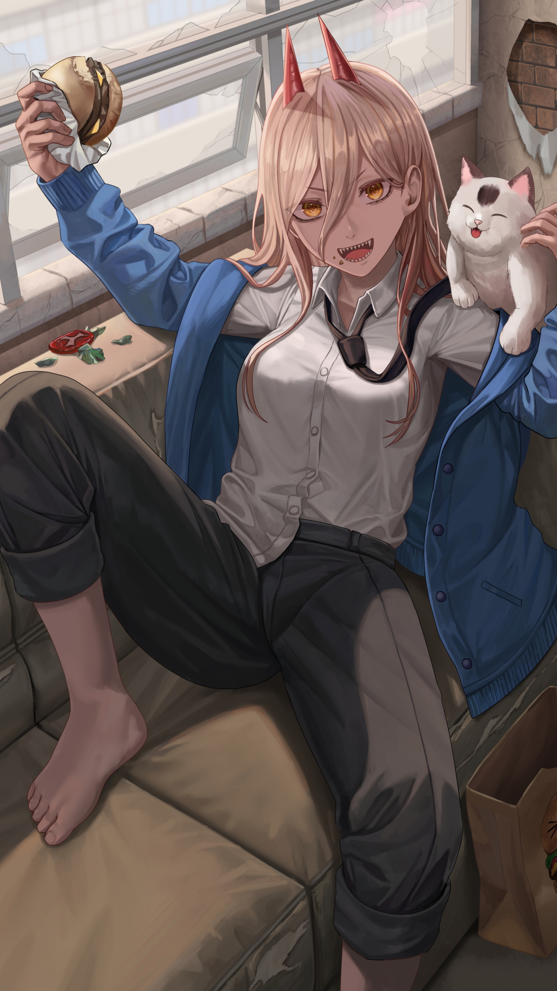 Anime Anime Girls Chainsaw Man Power Chainsaw Man Blonde Yellow Eyes Horns Burgers Tie Cats Feet 1911x3398