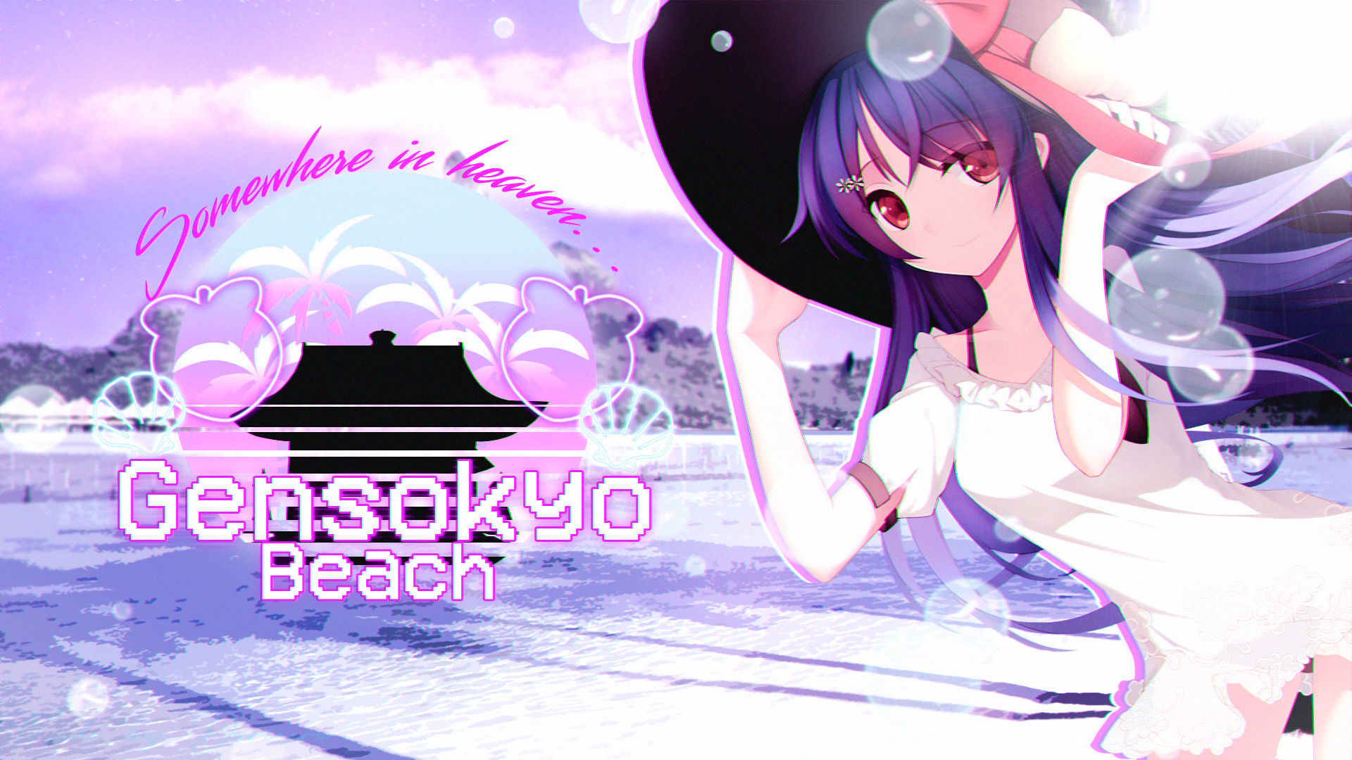 Touhou Hinanawi Tenshi Anime Girls Vaporwave Noise Palm Trees Neon Sun Dress Beach Hat Red Ribbon Bl 1920x1080