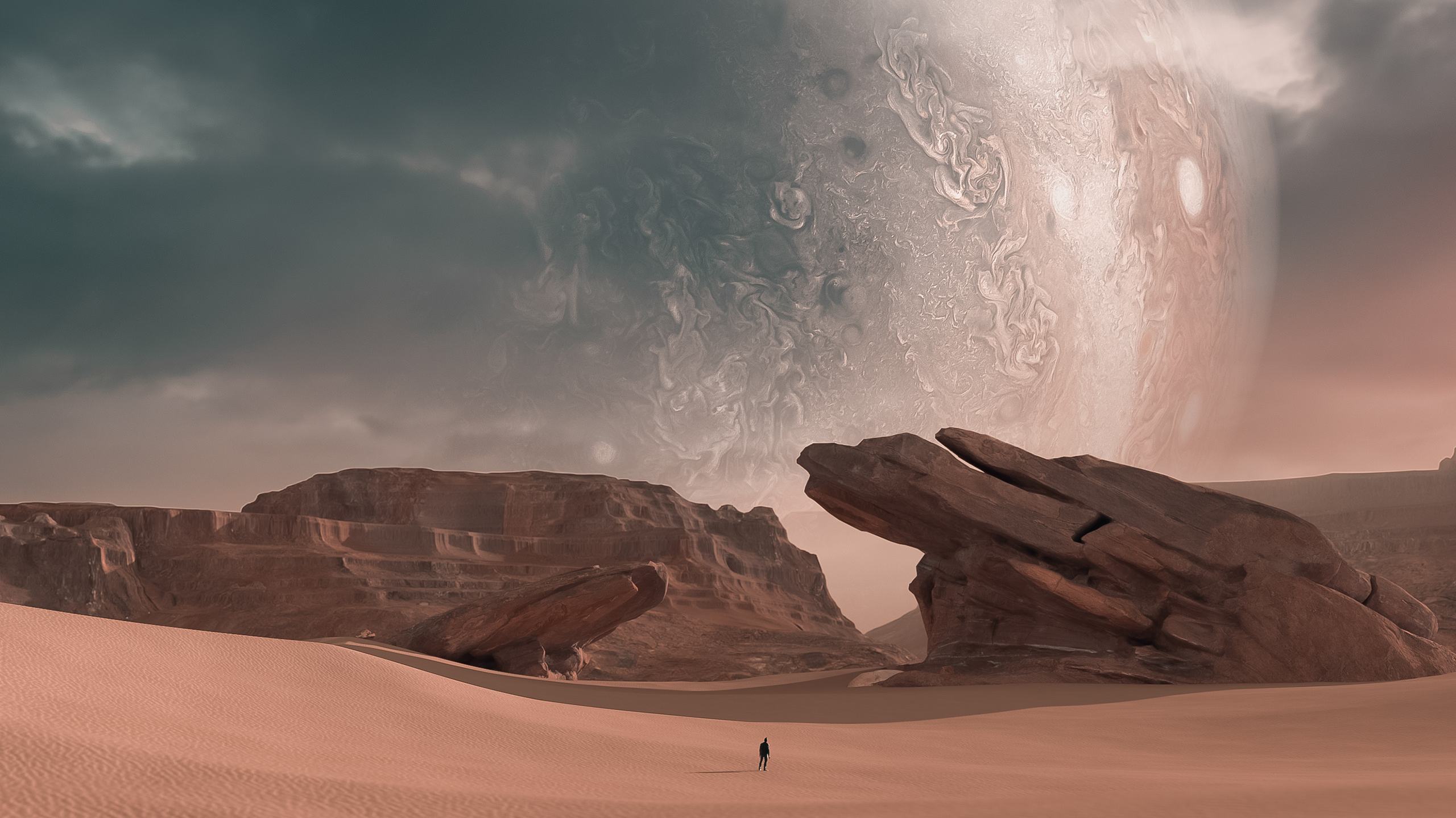 Jupiter Sky Digital Digital Art Artwork Rocks Sand Desert Dunes Rock Formation 2560x1440