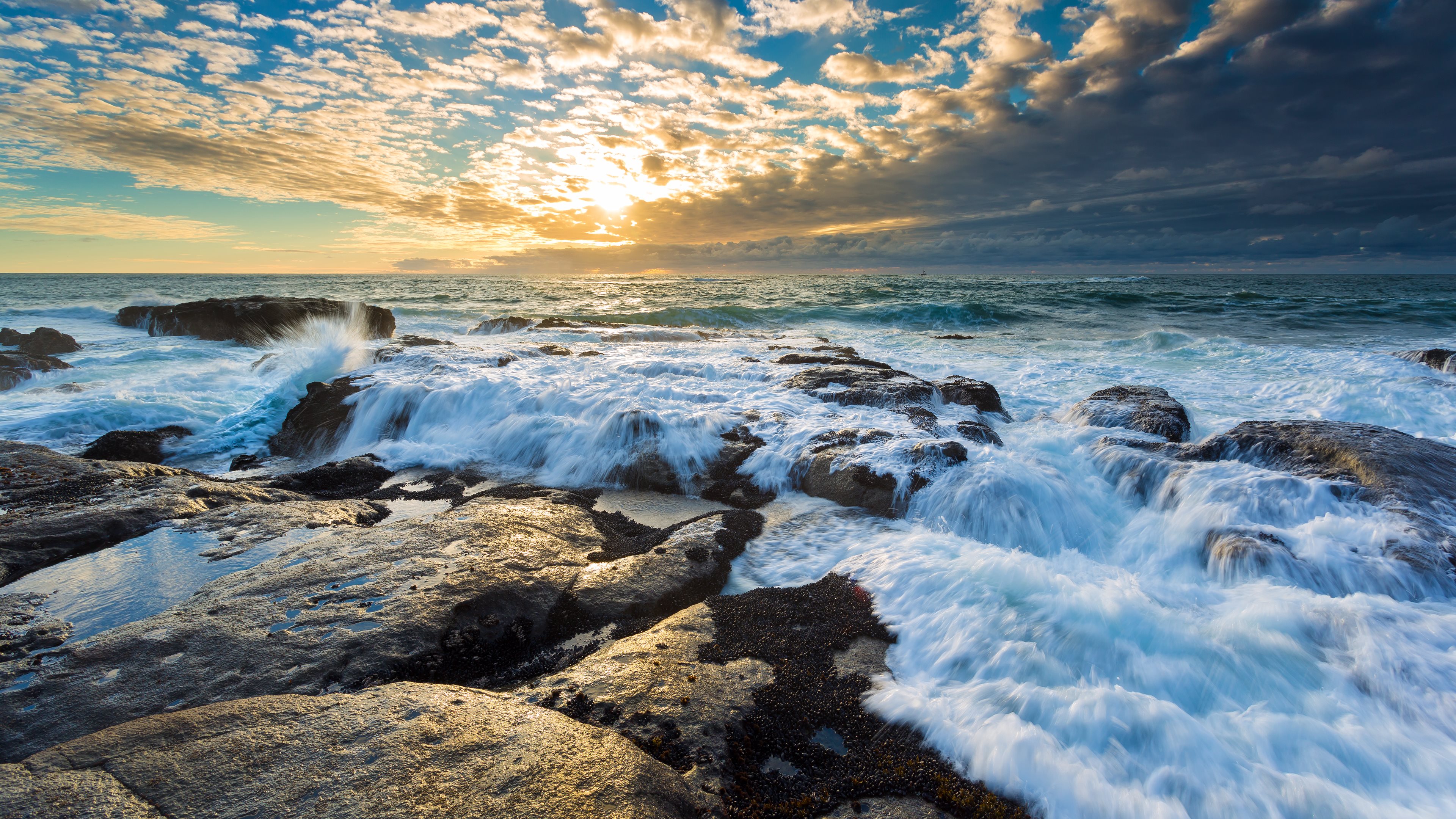 Nature Sea Waves Rocks Stones Sky Clouds Sunset Water Sunset Glow 3840x2160