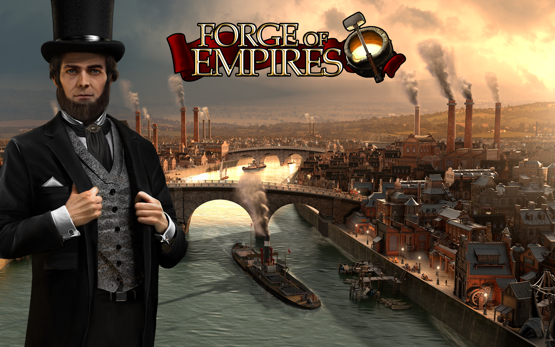 Video Games Forge Of Empires Victorian Factories Cityscape Men River Bridge Top Hat Steamship House  1920x1200