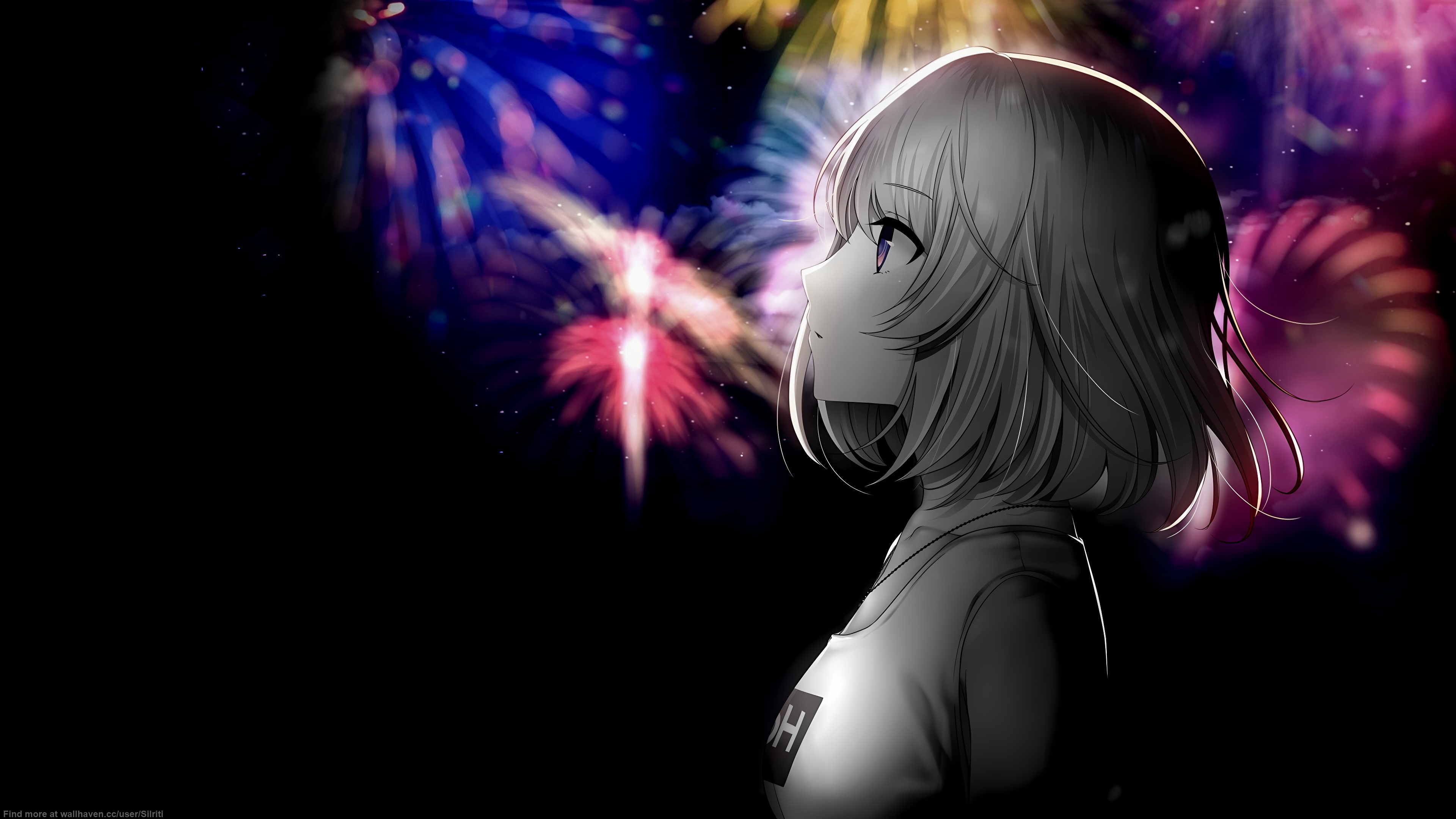 Black Background Dark Background Simple Background Anime Girls Selective Coloring Fireworks Minimali 3840x2160