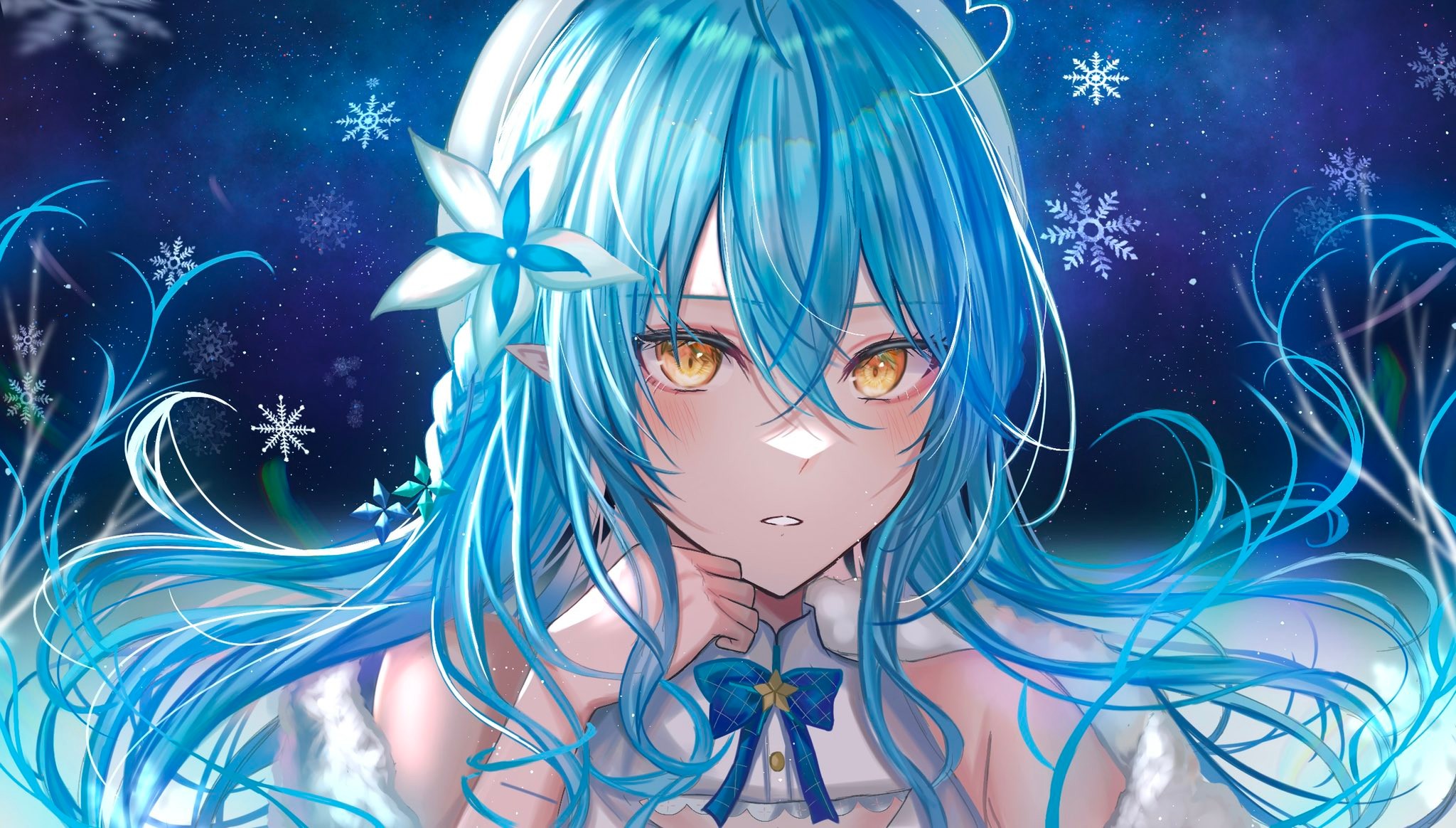 Hololive Yukihana Lamy Elves Anime Girls Snowflakes Yellow Eyes Blue Hair Long Hair Flower In Hair P 2048x1164