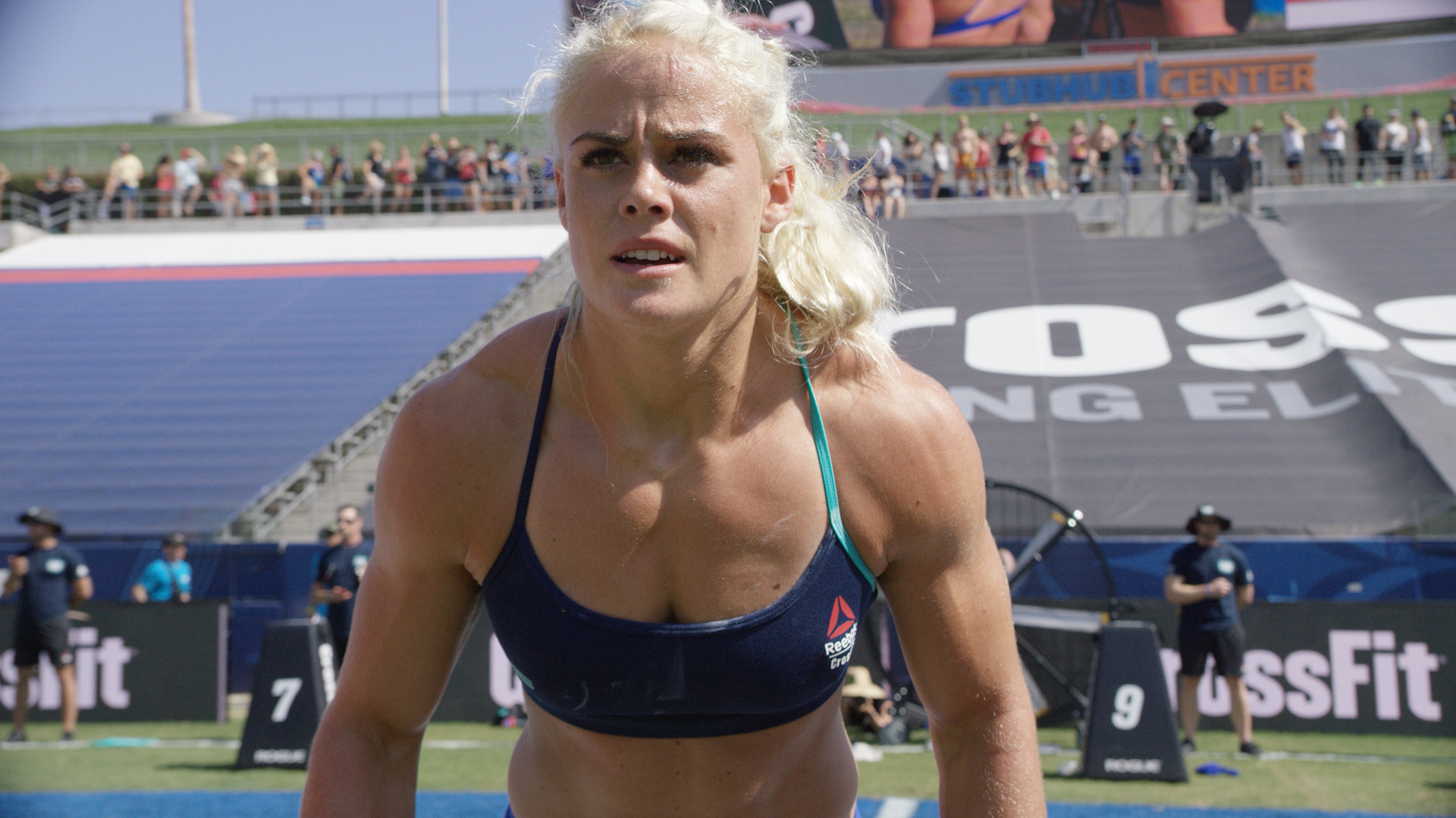 Sara Sigmundsdottir CrossFit Athletes Blonde Icelandic Fit Body Weightlifting Blue Tops 1920x1080