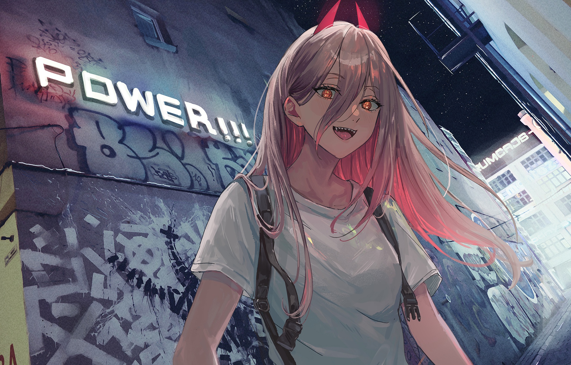 Power Chainsaw Man Graffiti Alleyway Backpacks Looking At Viewer Chainsaw Man Pink Hair Anime Girls 1920x1229
