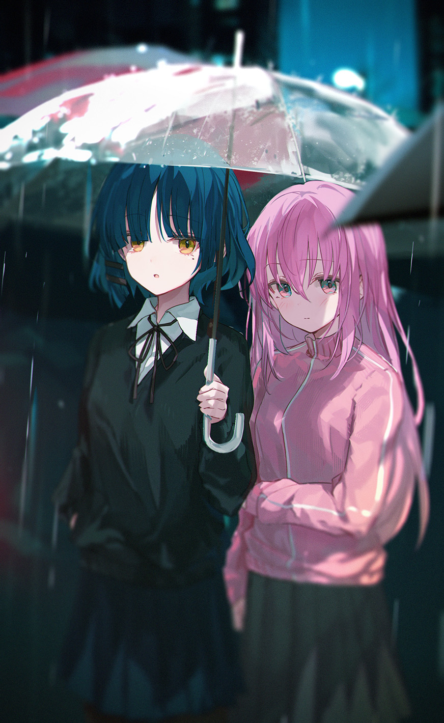 Anime Anime Girls BOCCHi THE ROCK Ryo Yamada Gotou Hitori Umbrella Rain Moles Mole Under Eye Looking 872x1420