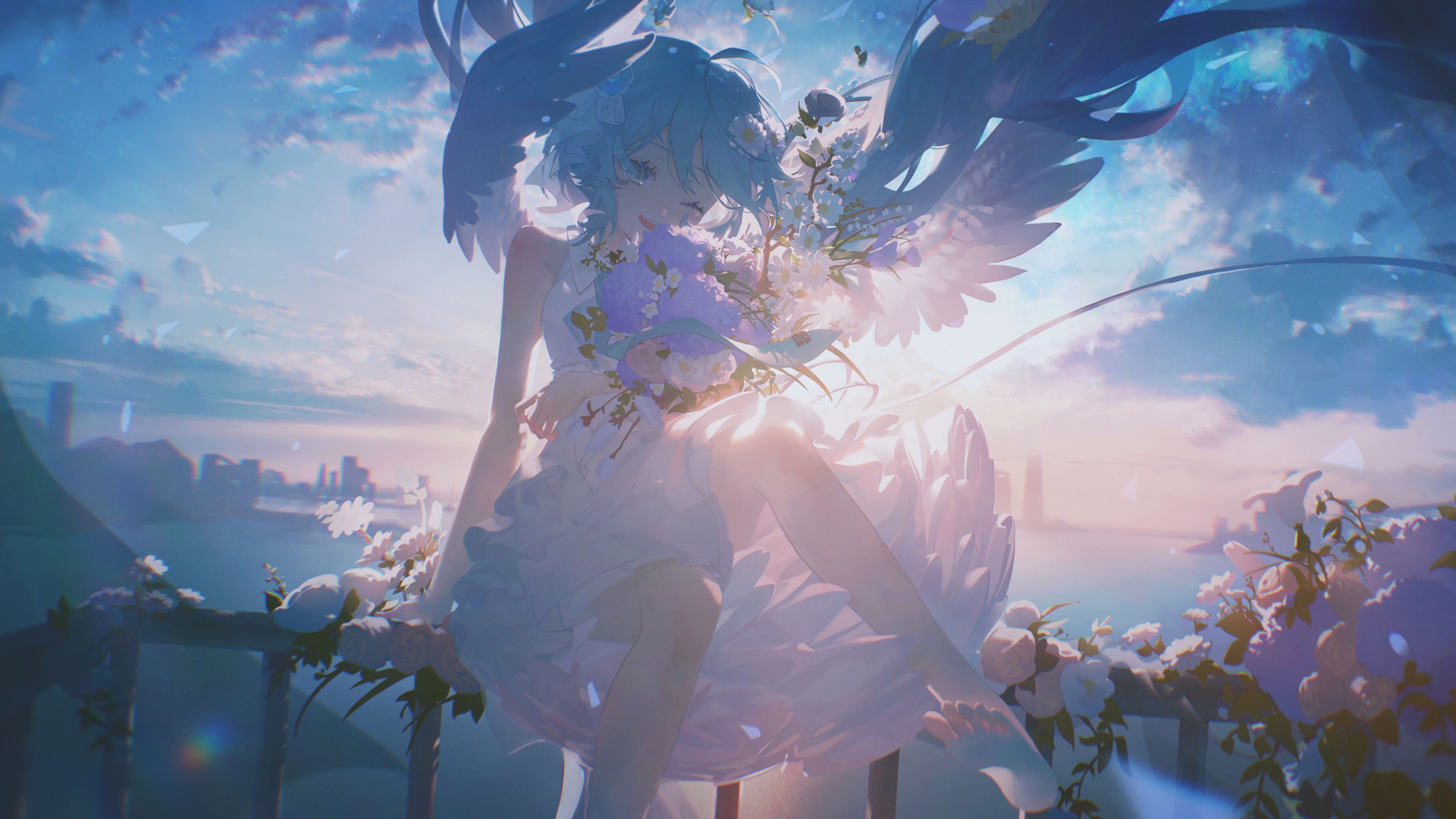 Anime Anime Girls Blue Hair Blue Eyes One Eye Closed Flowers Wings Angel Wings Flower In Hair 3840x2160