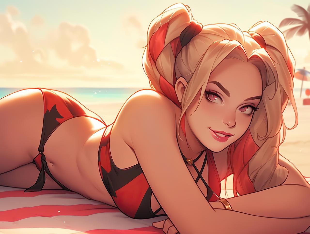 Digital Art Harley Quinn Beach Sunset Looking At Viewer Smiling Lying On Front Palm Trees 1280x965