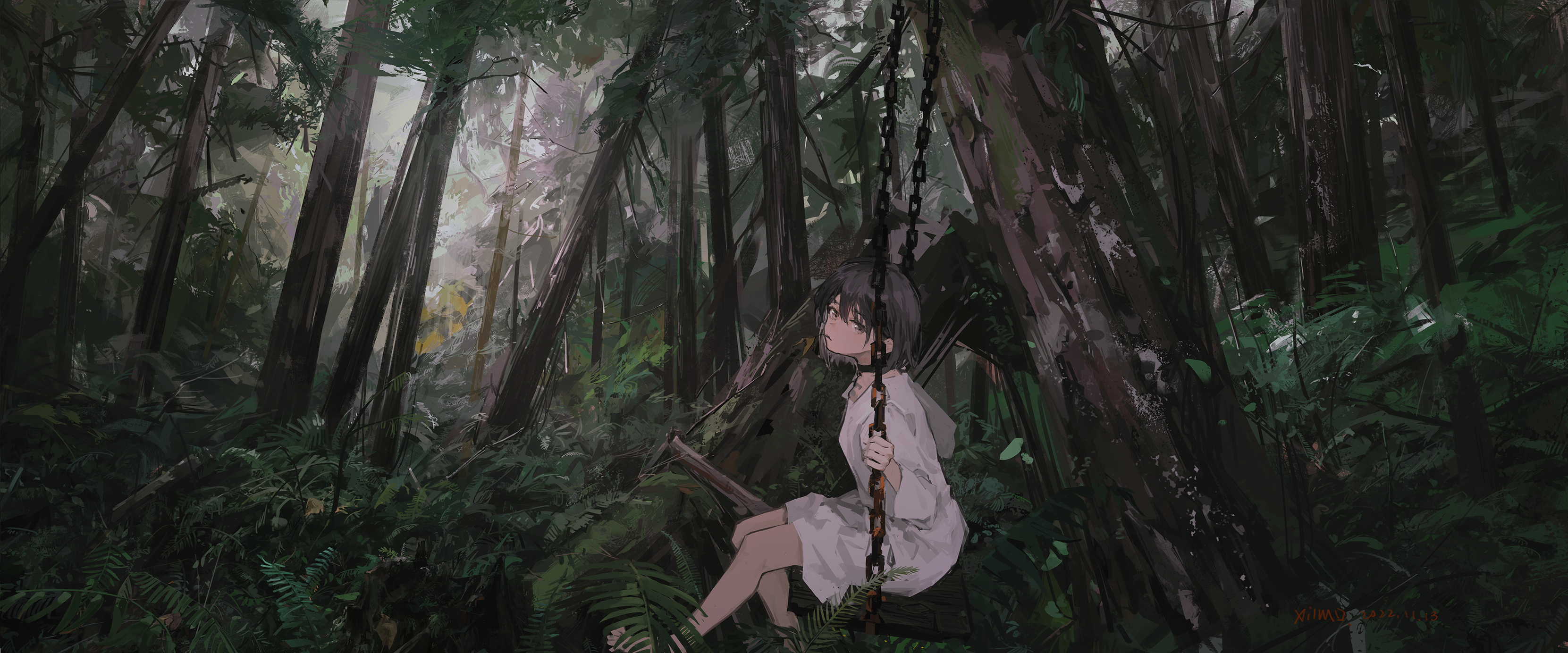 Anime Anime Girls XilmO Nature Swing Chains Trees 3322x1384