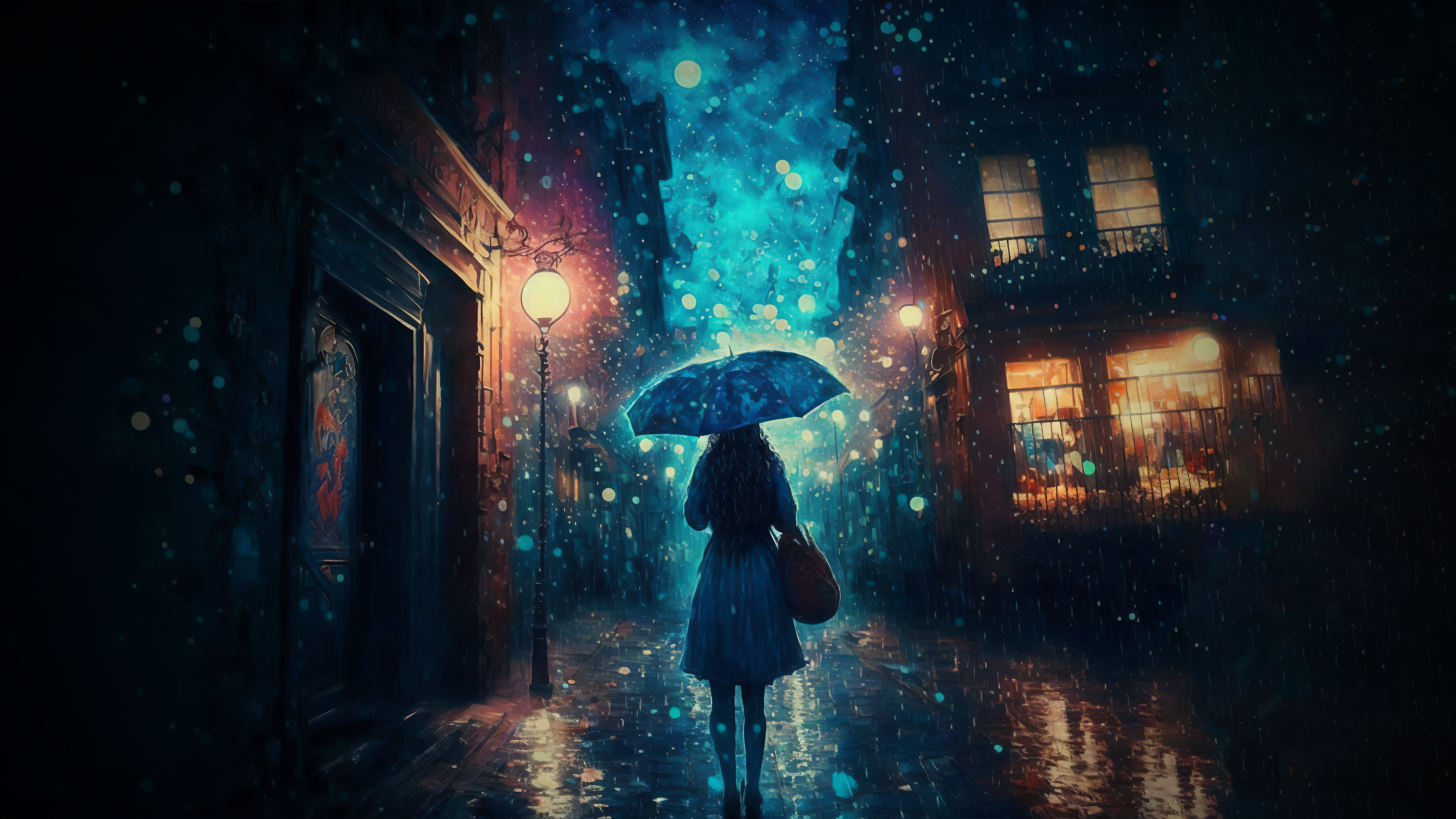 Ai Art Impressionism Rain Night Sadness Lights Umbrella Women 3640x2048