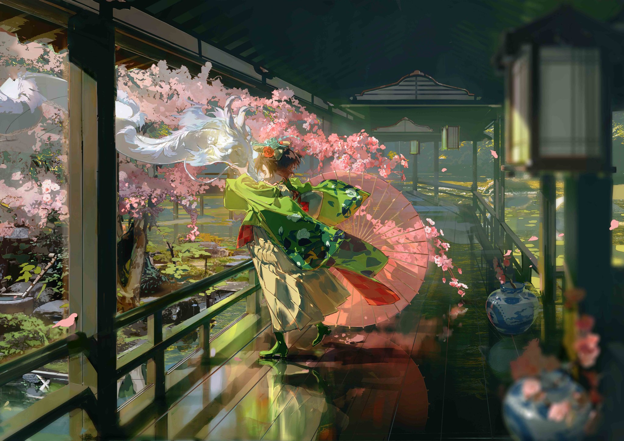 Cherry Blossom Anime Girls Umbrella Porch Dragon Reflection Water Flowers 2048x1448