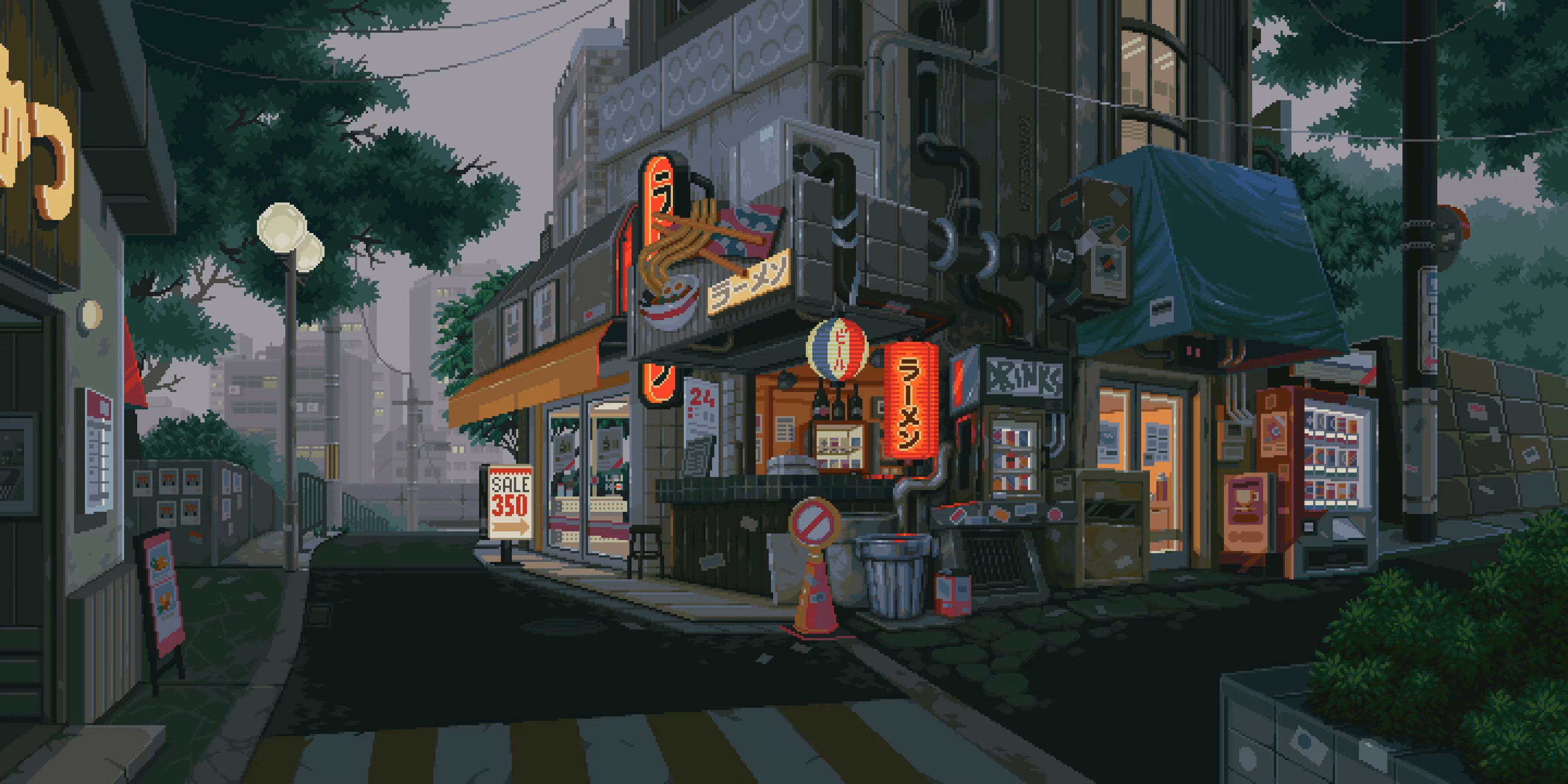Waneella Pixel Art City Street Neon Digital Art Japanese 3600x1800