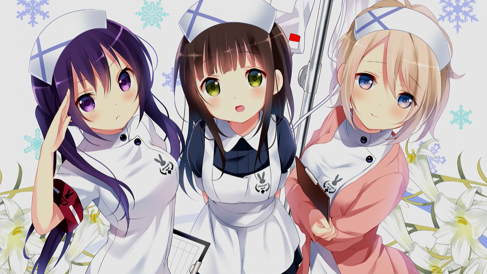 Anime Anime Girls Gochuumon Wa Usagi Desu Ka Salute Hat Blushing Snowflakes Flowers Looking At Viewe 1600x900