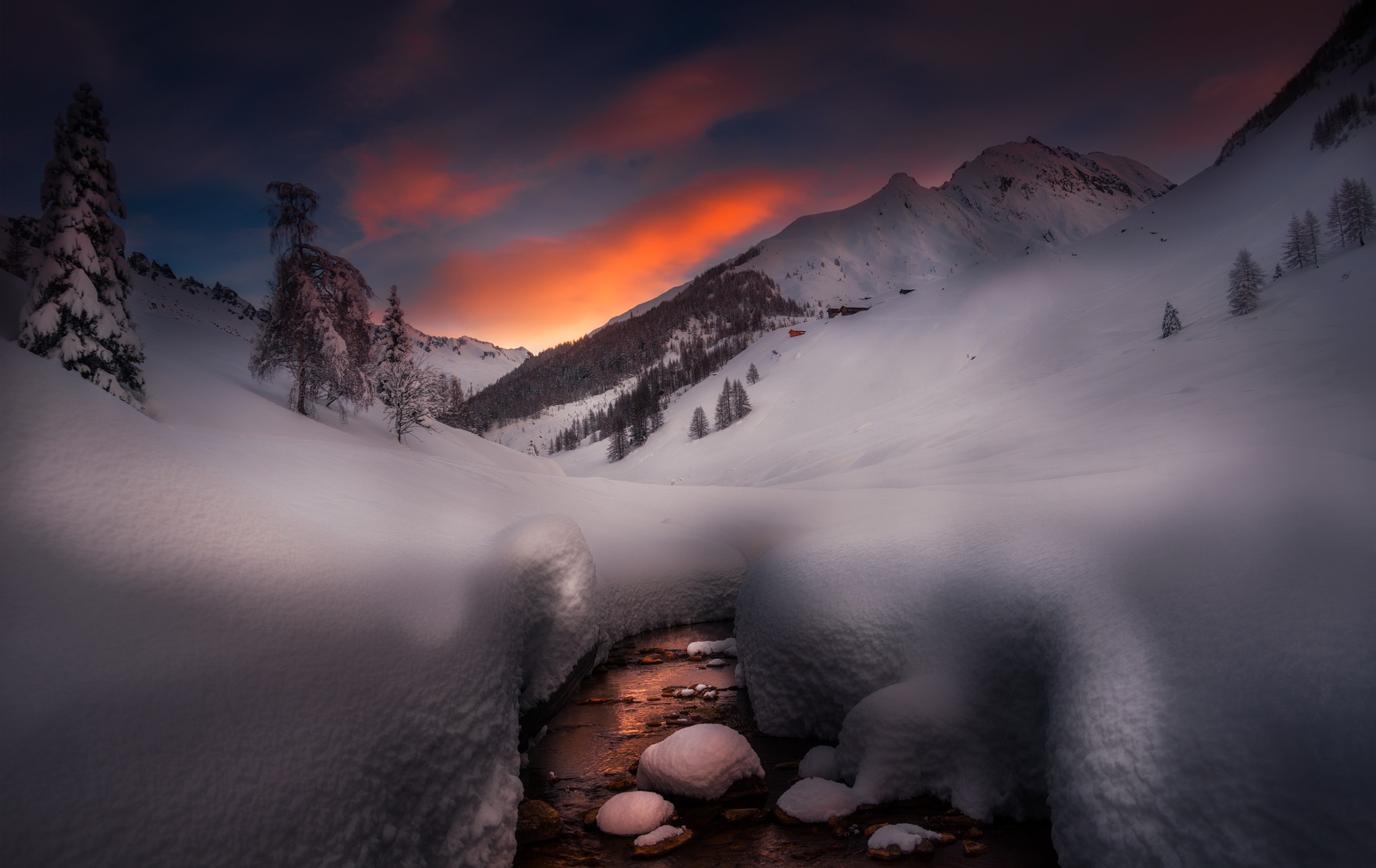 Nature Snow Stream Sunset 2048x1292