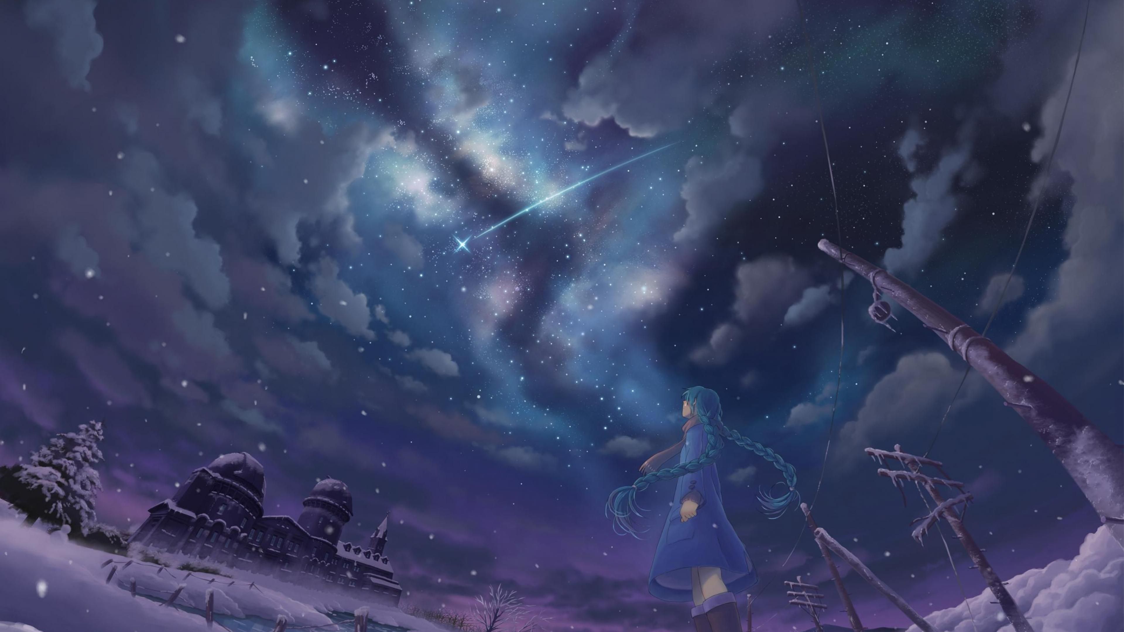 Anime Girls Blue Hair Twintails Long Hair Coats Low Angle Snow Starry Night Clouds Shooting Stars Wi 3840x2160