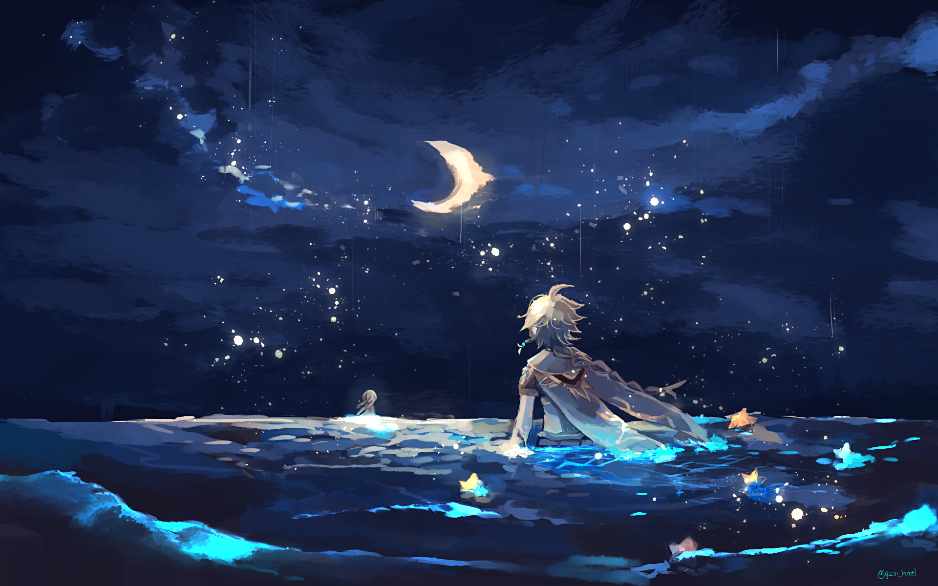 Aether Genshin Impact Genshin Impact Anime Boys Water In Water Moon Crescent Moon Stars 1920x1200