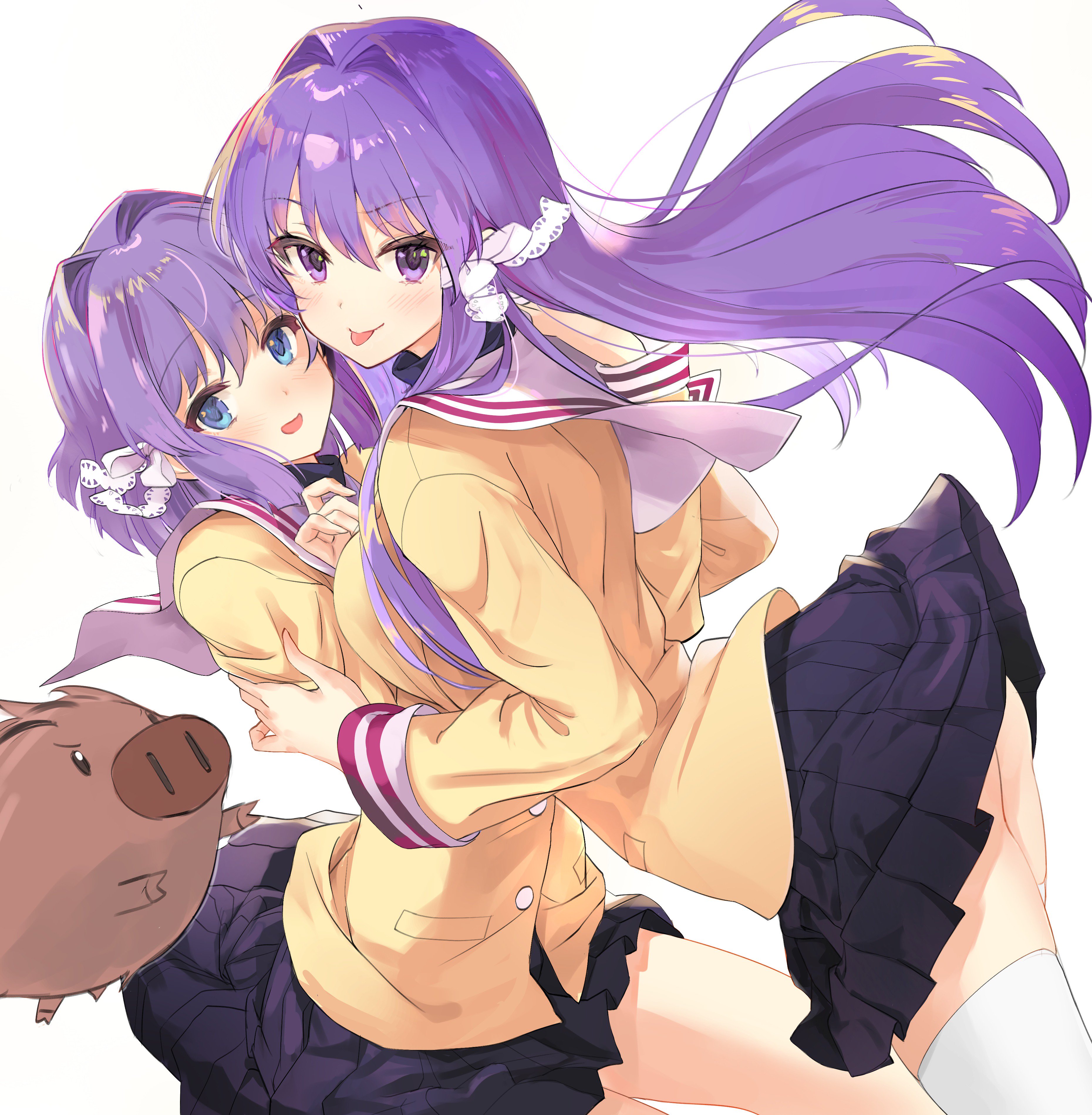Anime Anime Girls Clannad Fujibayashi Ryou Fujibayashi Kyou Long Hair Short Hair Purple Hair Twins A 3720x3800