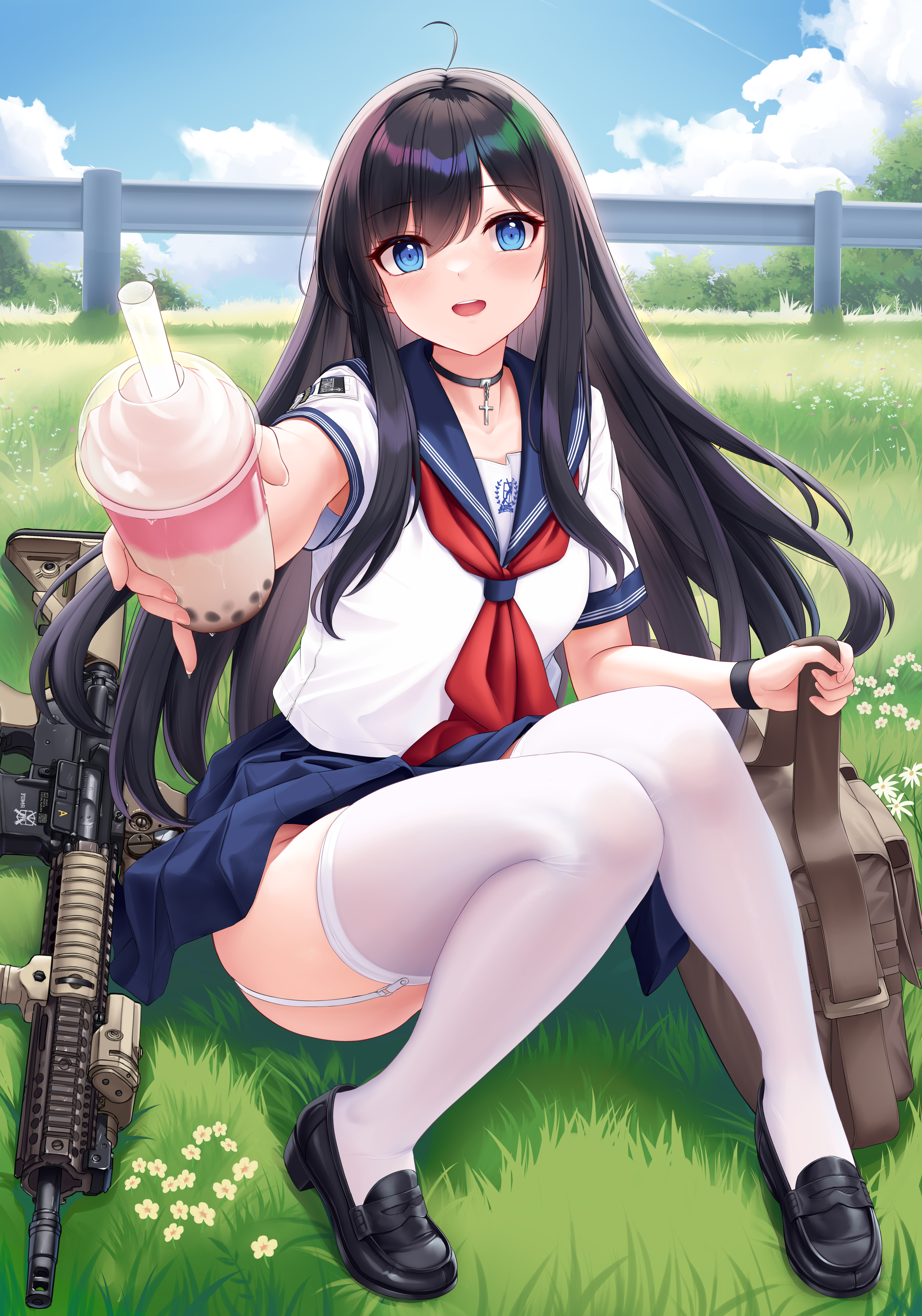 Long Hair Anime Girls Drink Vertical Schoolgirl School Uniform Gun Grass Choker Blue Eyes Clouds Flo 4325x6175