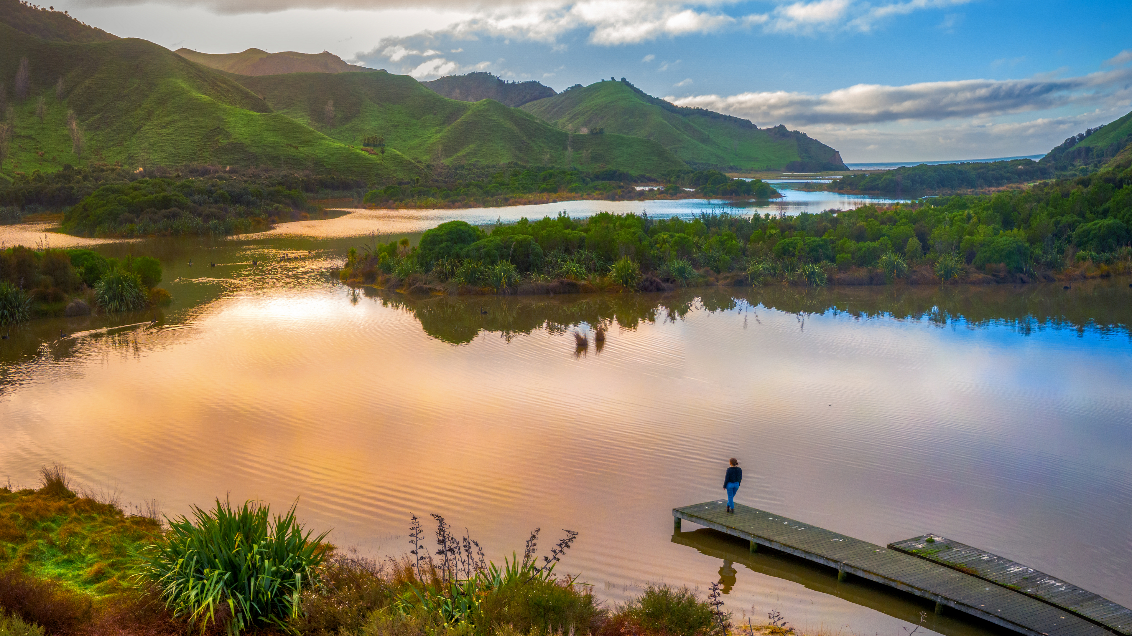 Water Nature Reflection Clouds Sky Sunset Glow Leaves Jetty Women Mountains 3840x2160