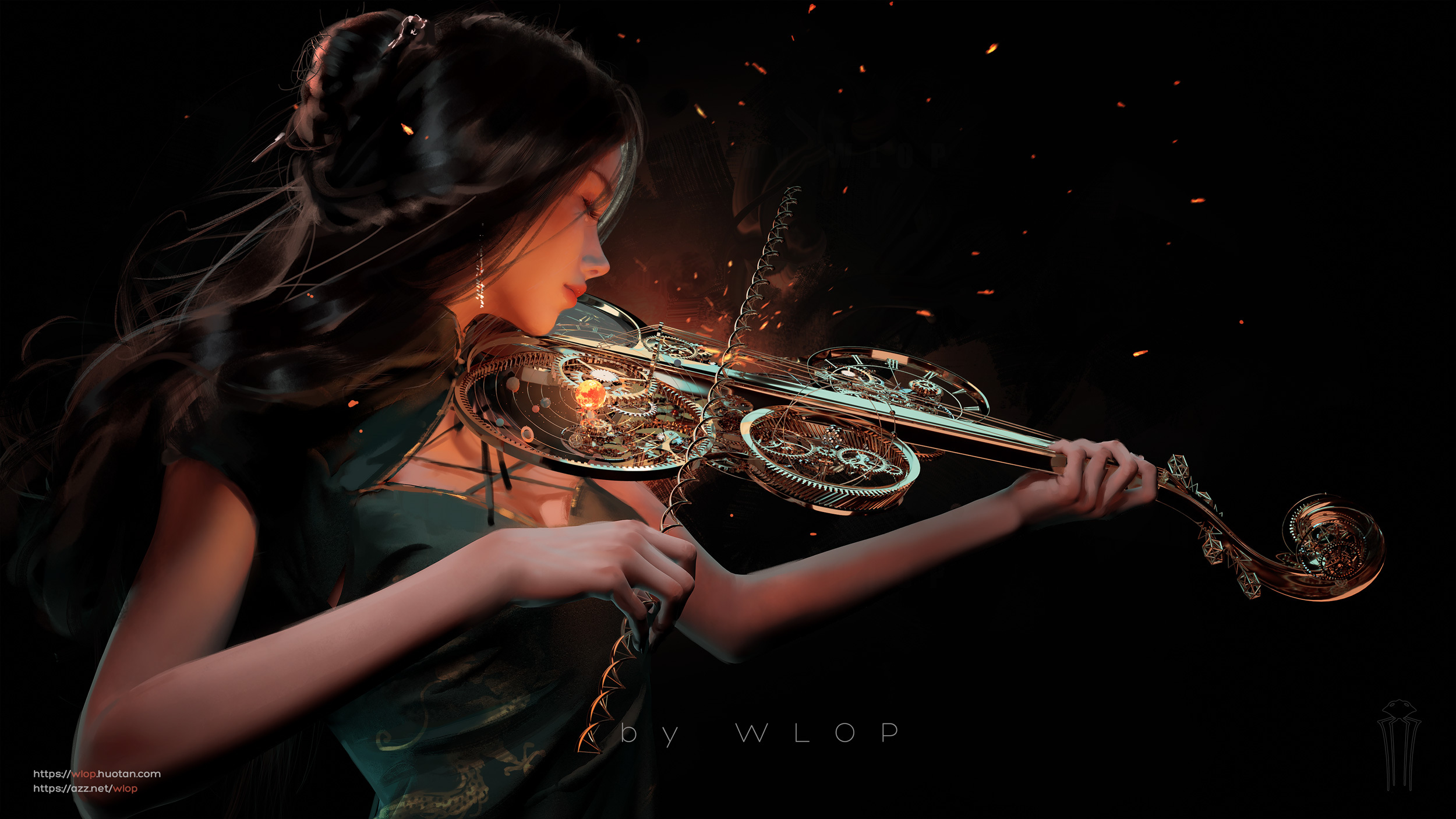 WLOP Fantasy Girl Ghostblade Artwork Long Hair Brunette Violin Musical Instrument 2500x1406