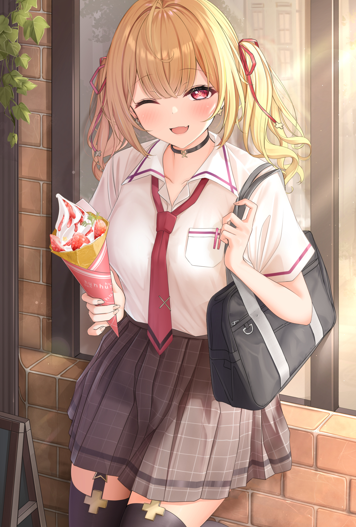 Anime Anime Girls Schoolgirl School Uniform One Eye Closed Blonde Twintails Ice Cream Backpacks Red  1160x1718