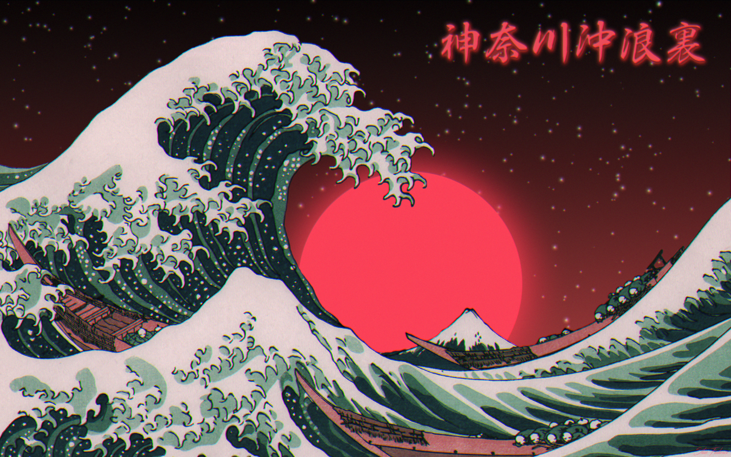 Waves Synthwave The Great Wave Off Kanagawa Water Japanese 1440x900