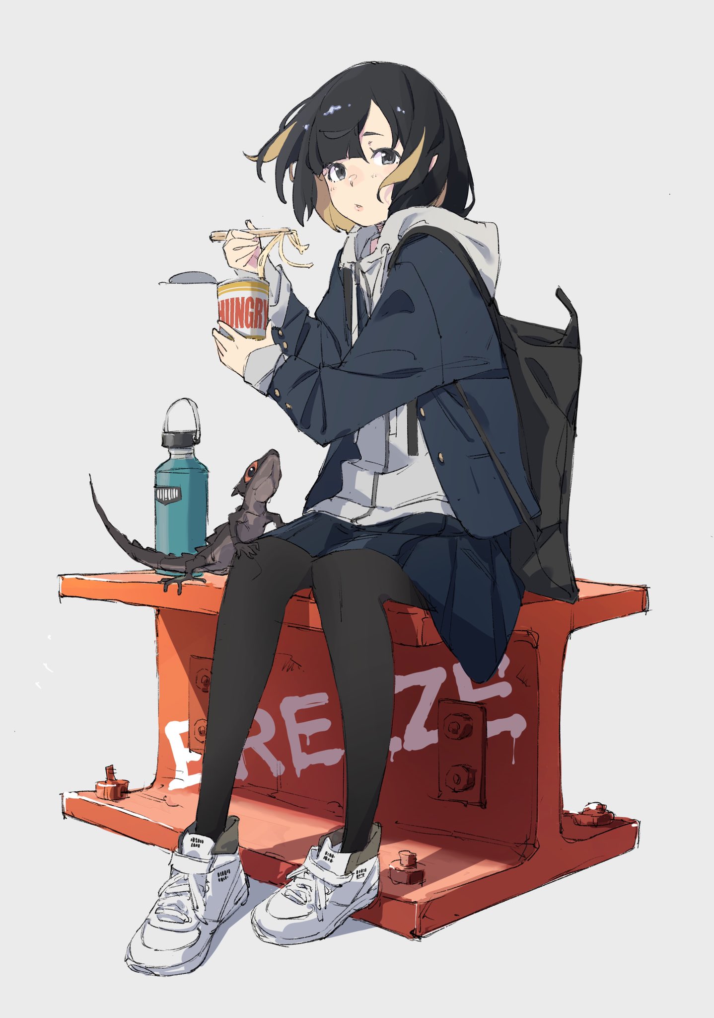 Original Characters Black Hair Black Eyes Two Tone Hair Eating Anime Girls Eating Food Black Pantyho 1438x2048