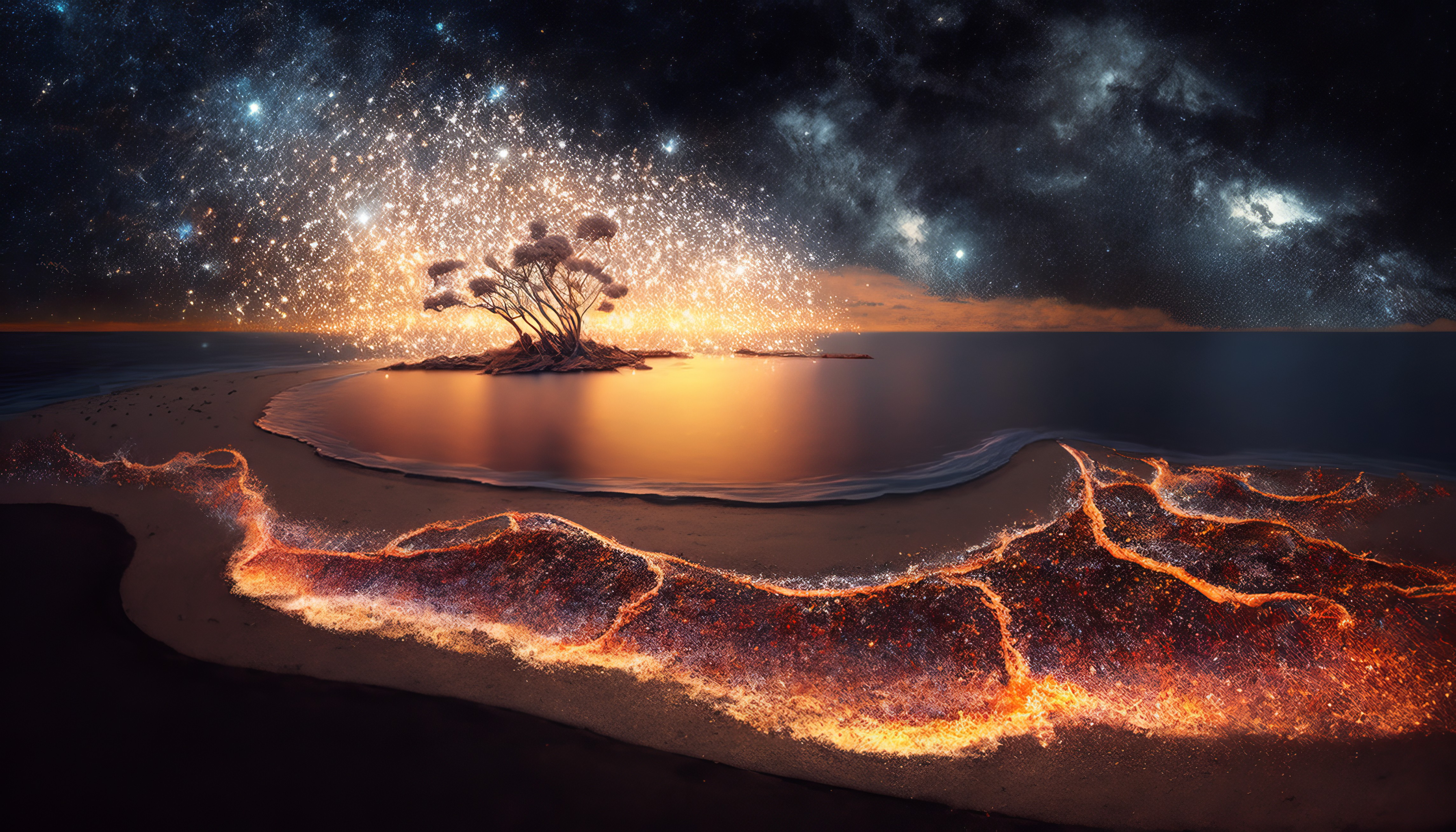Ai Art Illustration Landscape Bioluminescence Trees Stars Water Waves Sky Starry Night 4579x2616