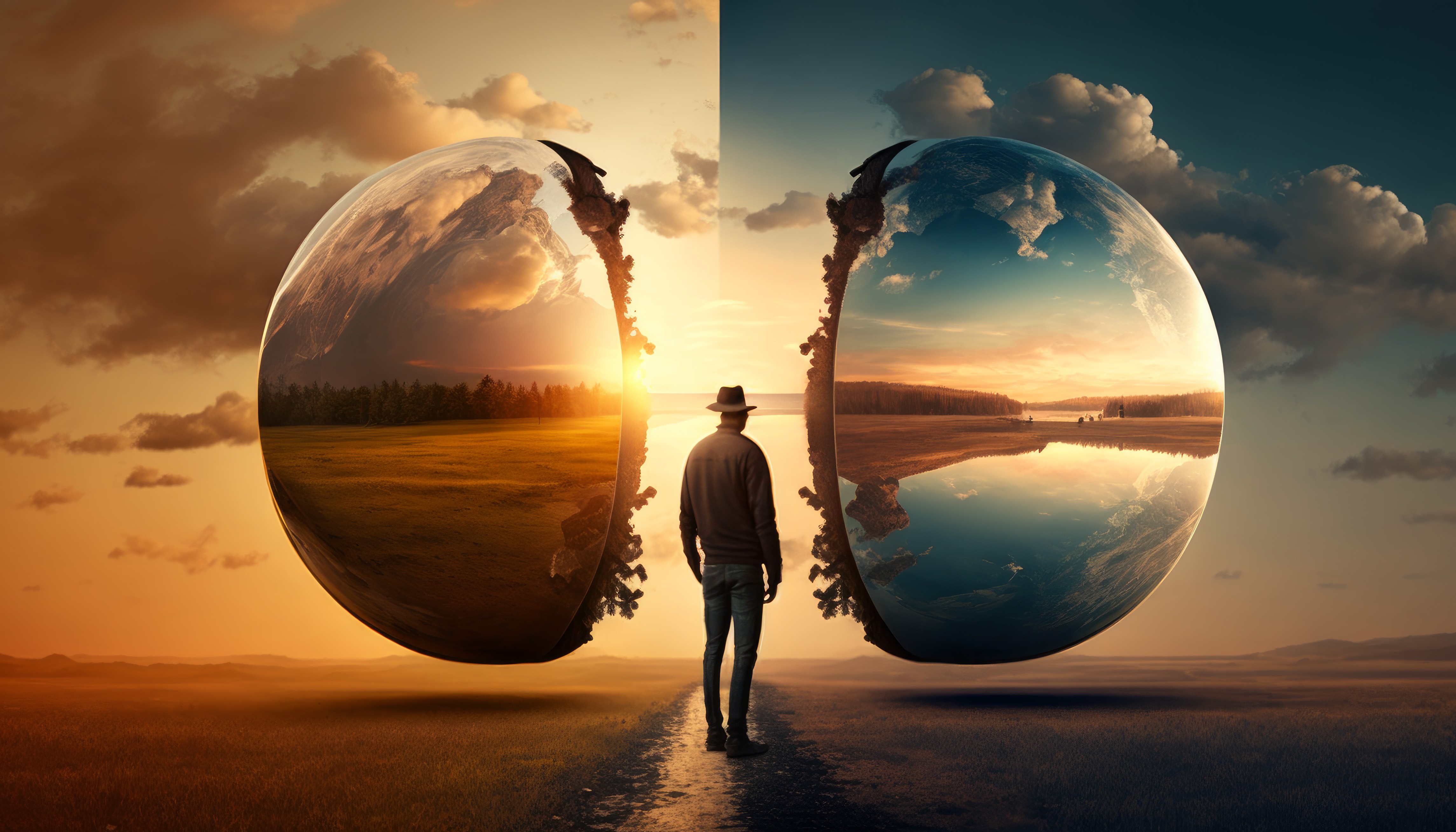 Ai Art Surreal Illustration World Bubbles Sunset Glow Sunset Clouds Sky Water Trees 4579x2616